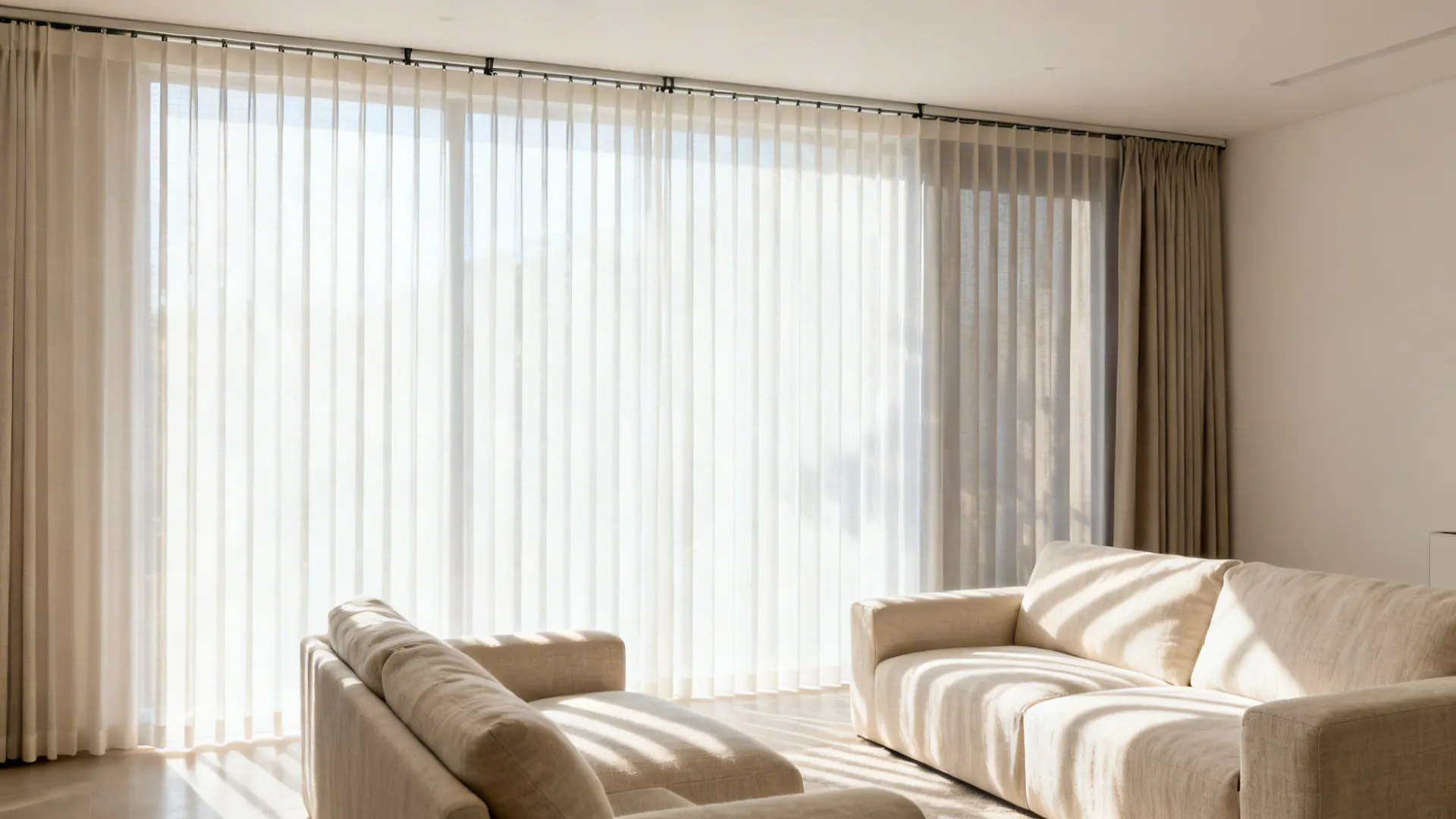 Living room with sheer vertical blinds and a double-track blackout layer creating a soft daylight glow