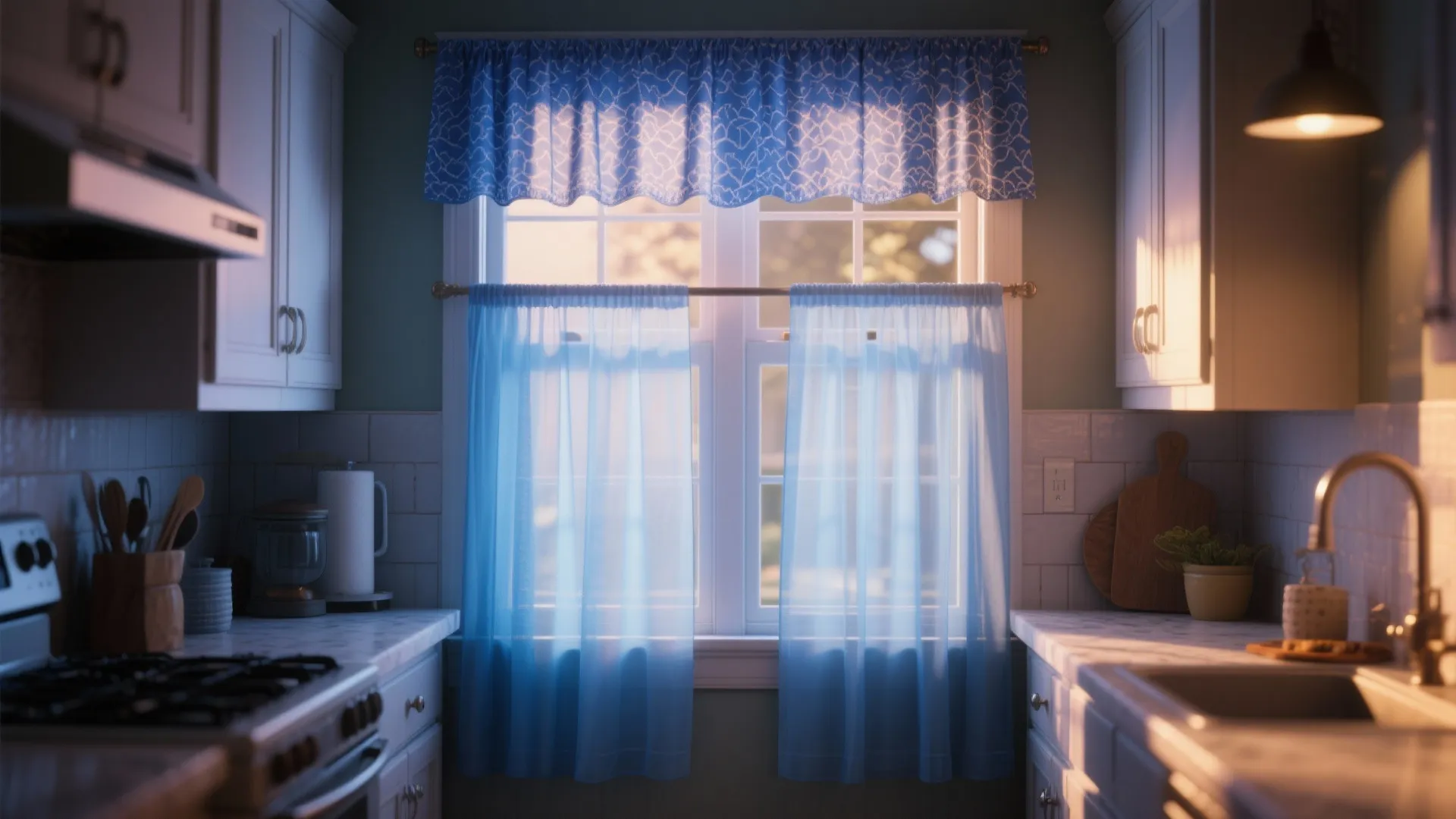 Bright kitchen window with blue curtain on top and two light blue sheer curtains below