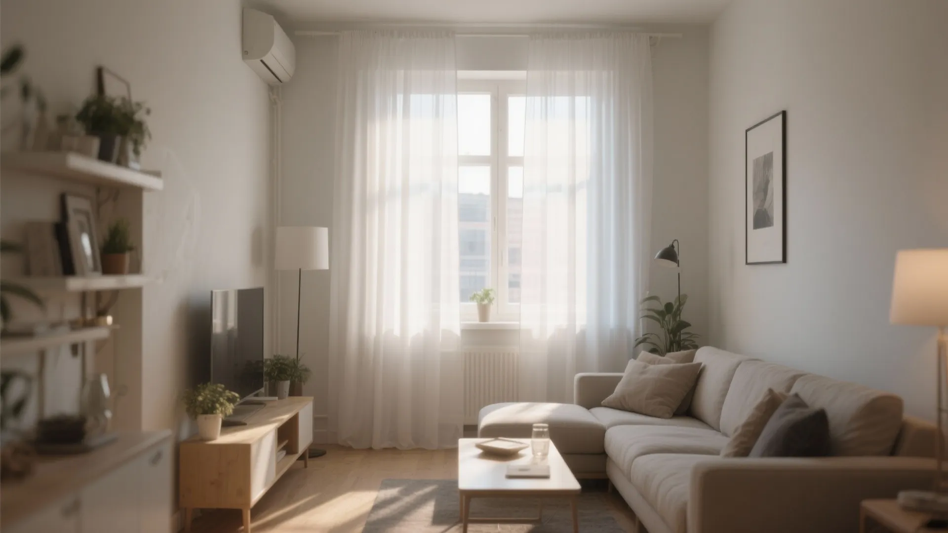 Bright small living room featuring white curtains, comfortable sofa, wooden cabinet, and natural sunlight indoor