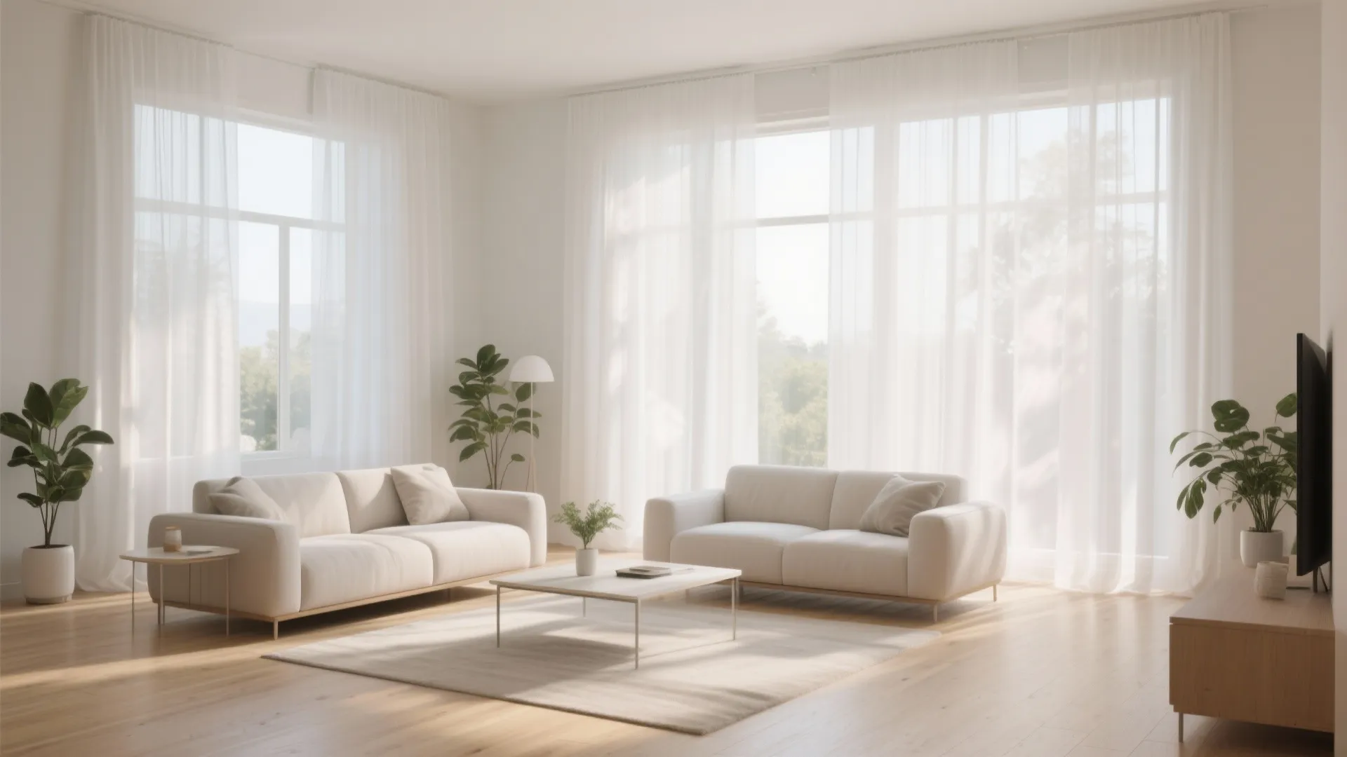 Living room with sheer white curtains filtering sunlight