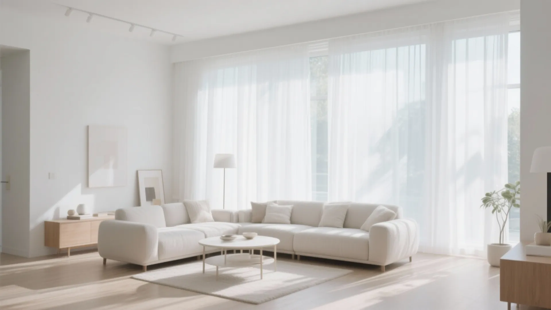 Modern bright living room with white sofa, coffee table, wood floor, and large sheer curtains