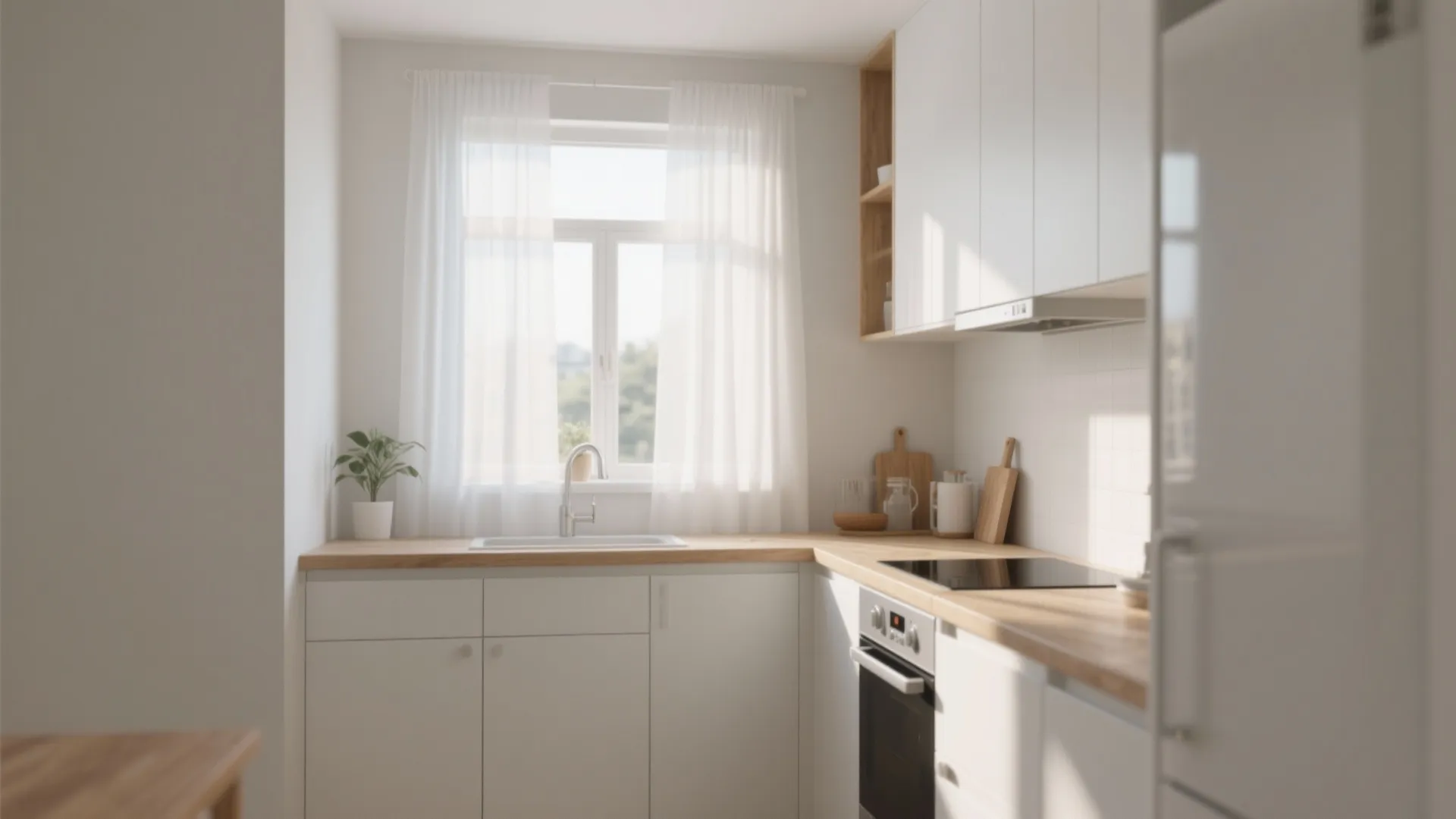 Minimalist white kitchen with wooden countertop and white thin curtains over a small window sink