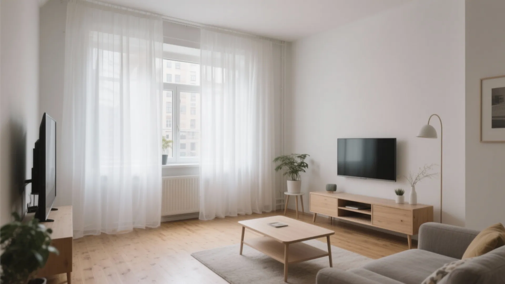 Minimalist living room featuring white sheer curtains wooden floor wooden cabinet and a coffee table