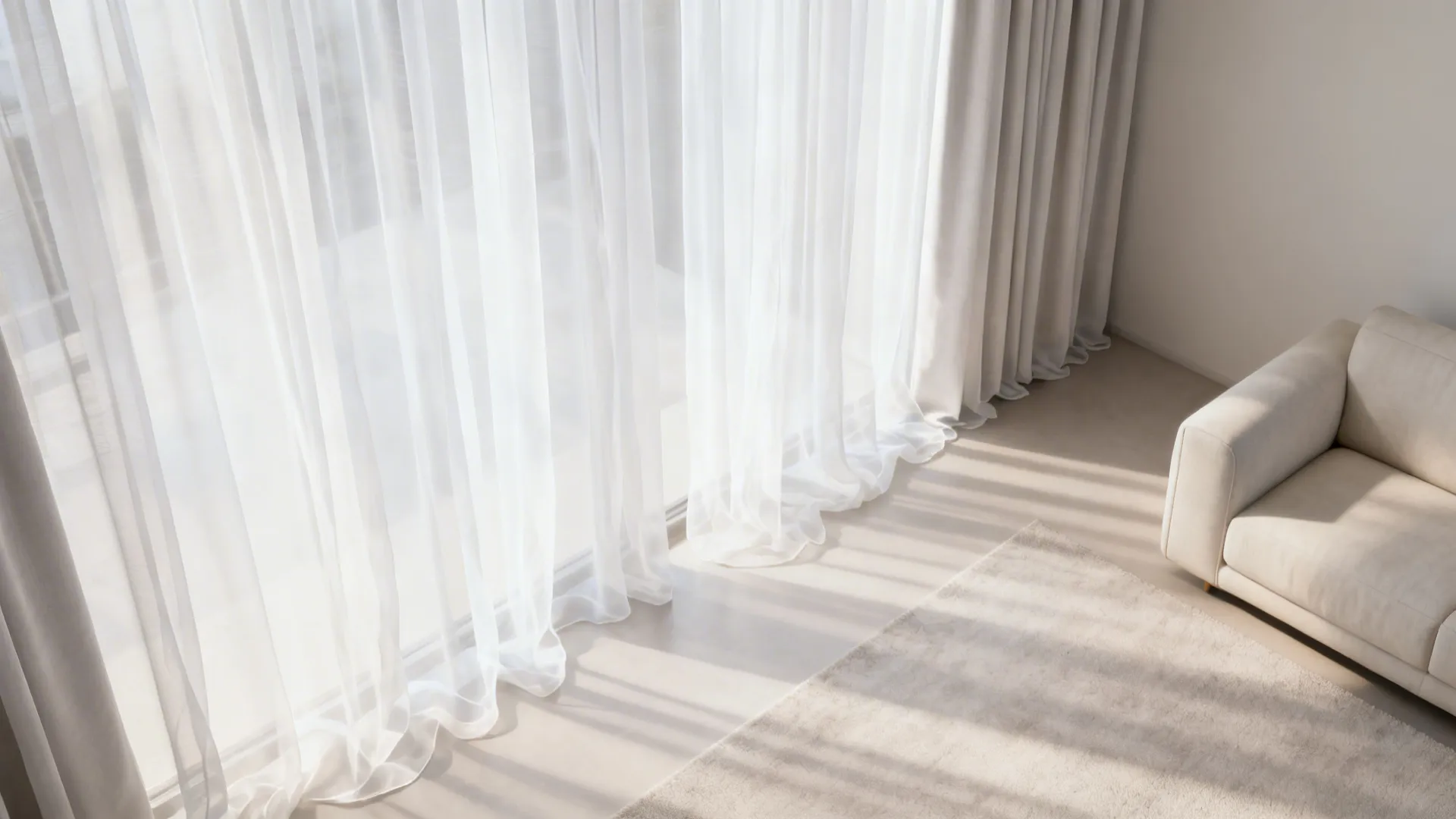 Layered sheer white curtains with a blackout panel behind, diffusing light in a small living room.