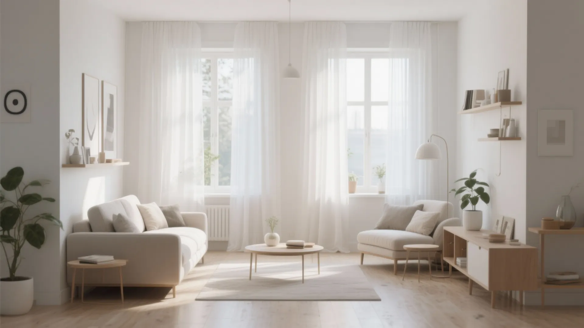 Bright minimalist living room with white sofa wooden coffee table armchair and sheer white curtains