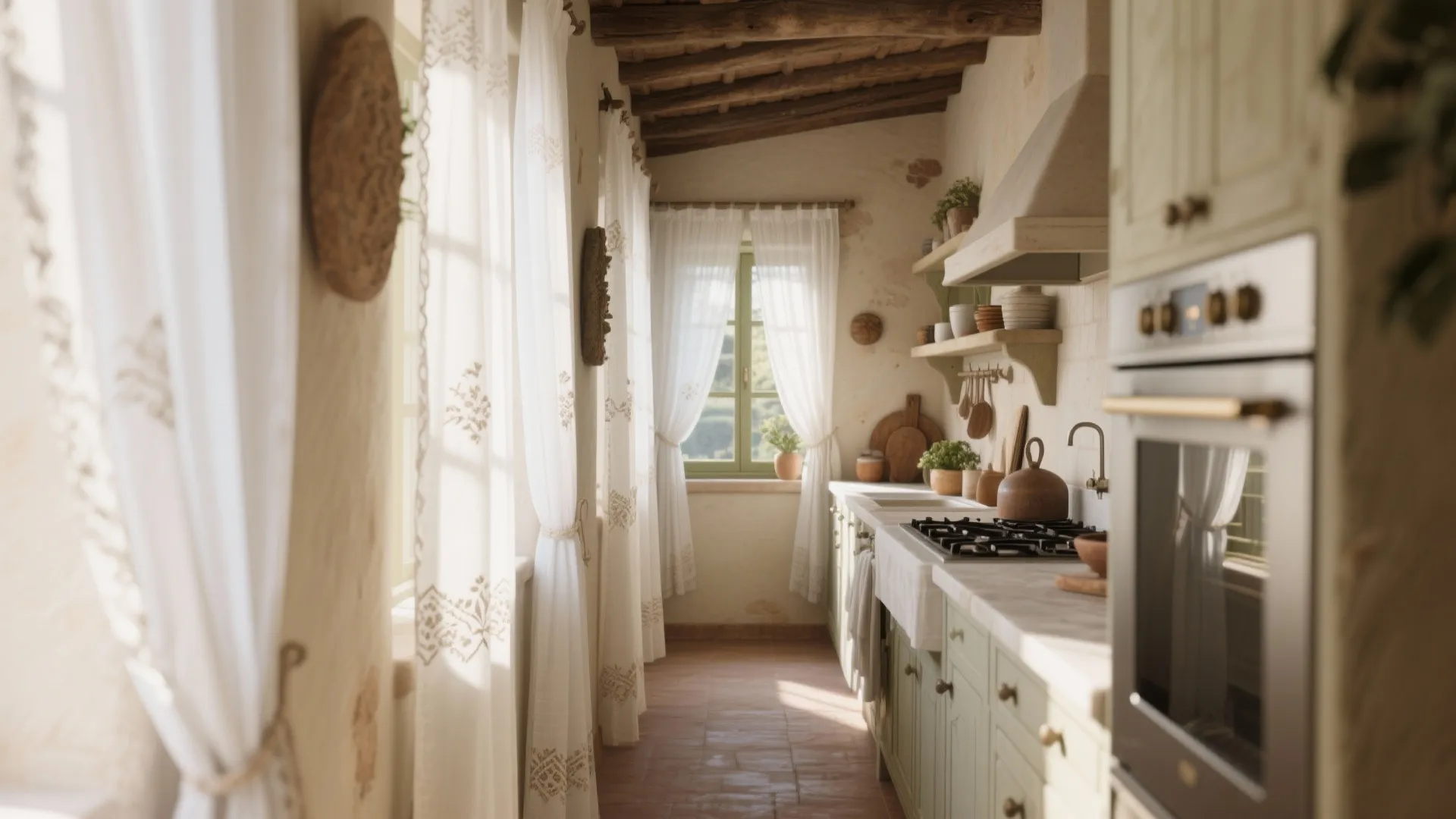 Narrow kitchen with white embroidered curtains, green cabinets, wooden ceiling beams, and a black oven