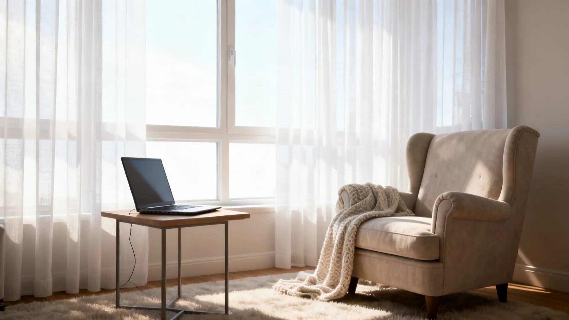 Sheer white panels softly filtering daylight in a cozy living corner with an armchair.
