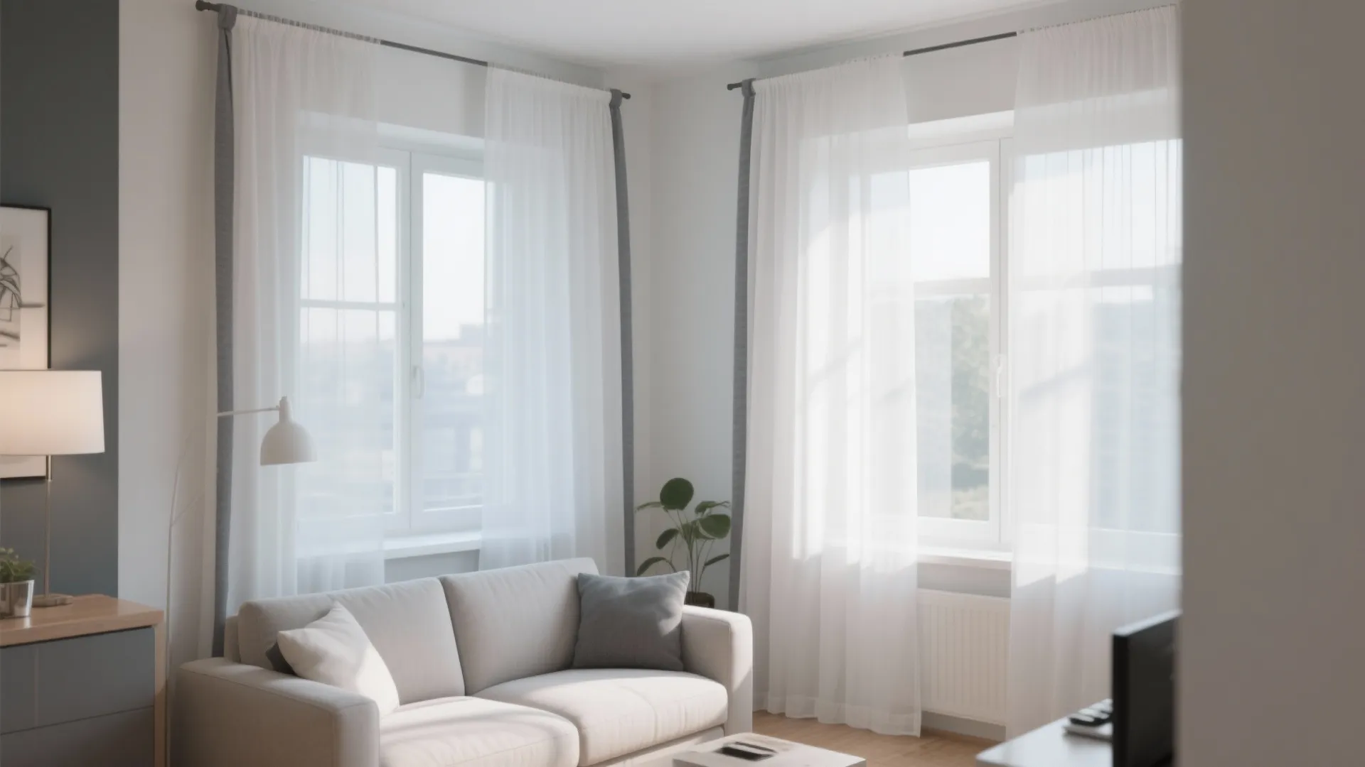 8. Sheer White Curtains with Grey Trim