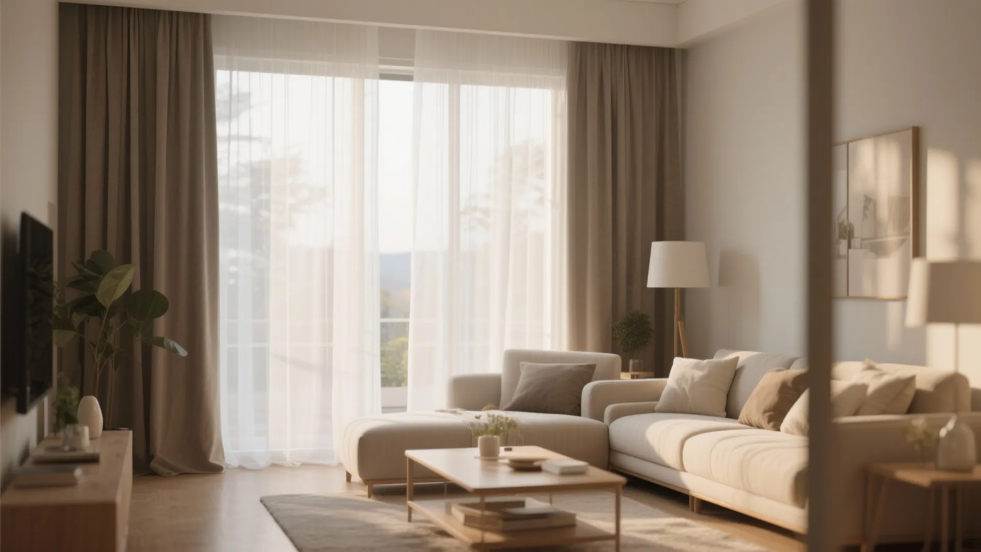 Modern living room with beige sofa wood floor floor lamp and sheer white curtain layering design