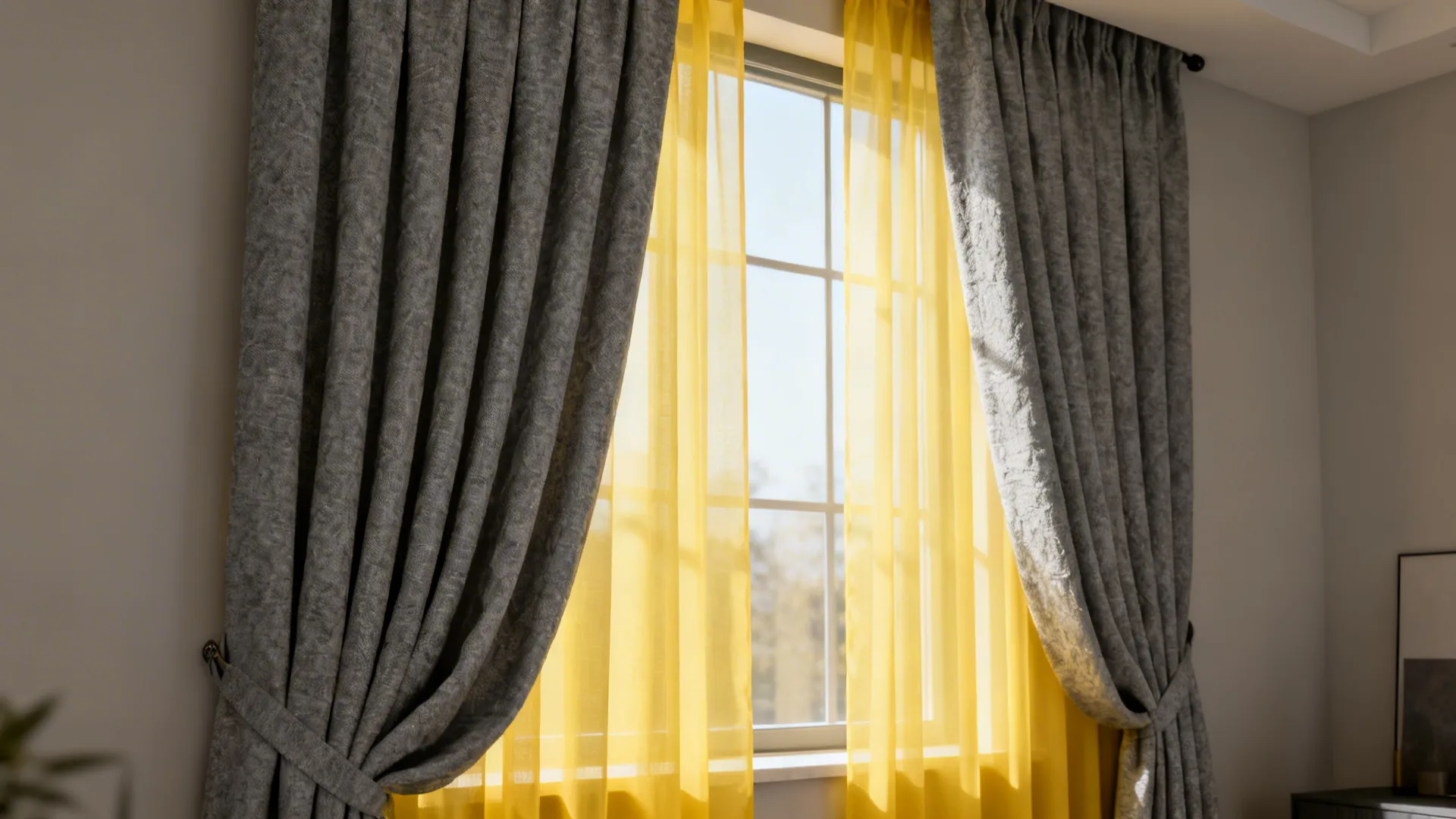 Window layered with sheer yellow curtains and heavy gray drapes filtering soft daylight