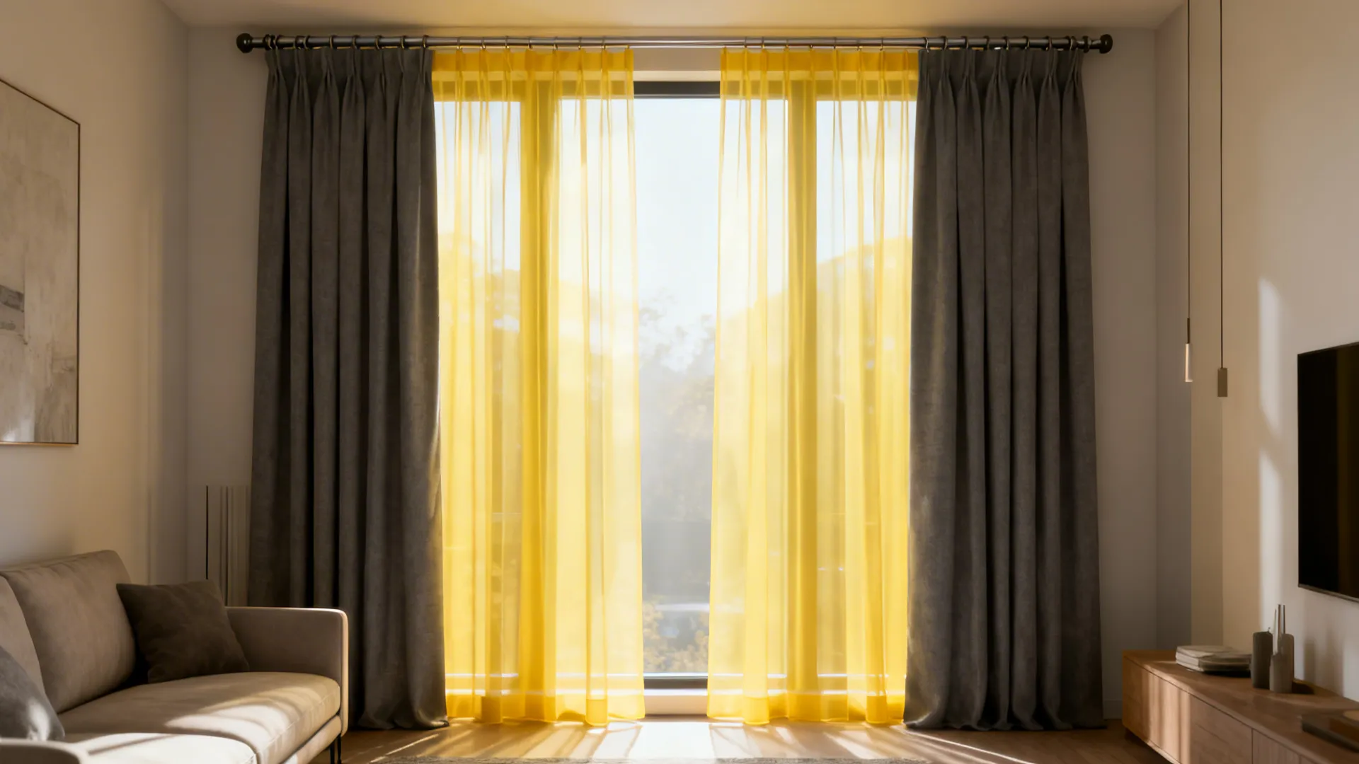 Narrow living room with sheer yellow panels layered over slate-gray drapes, creating a luminous glow.
