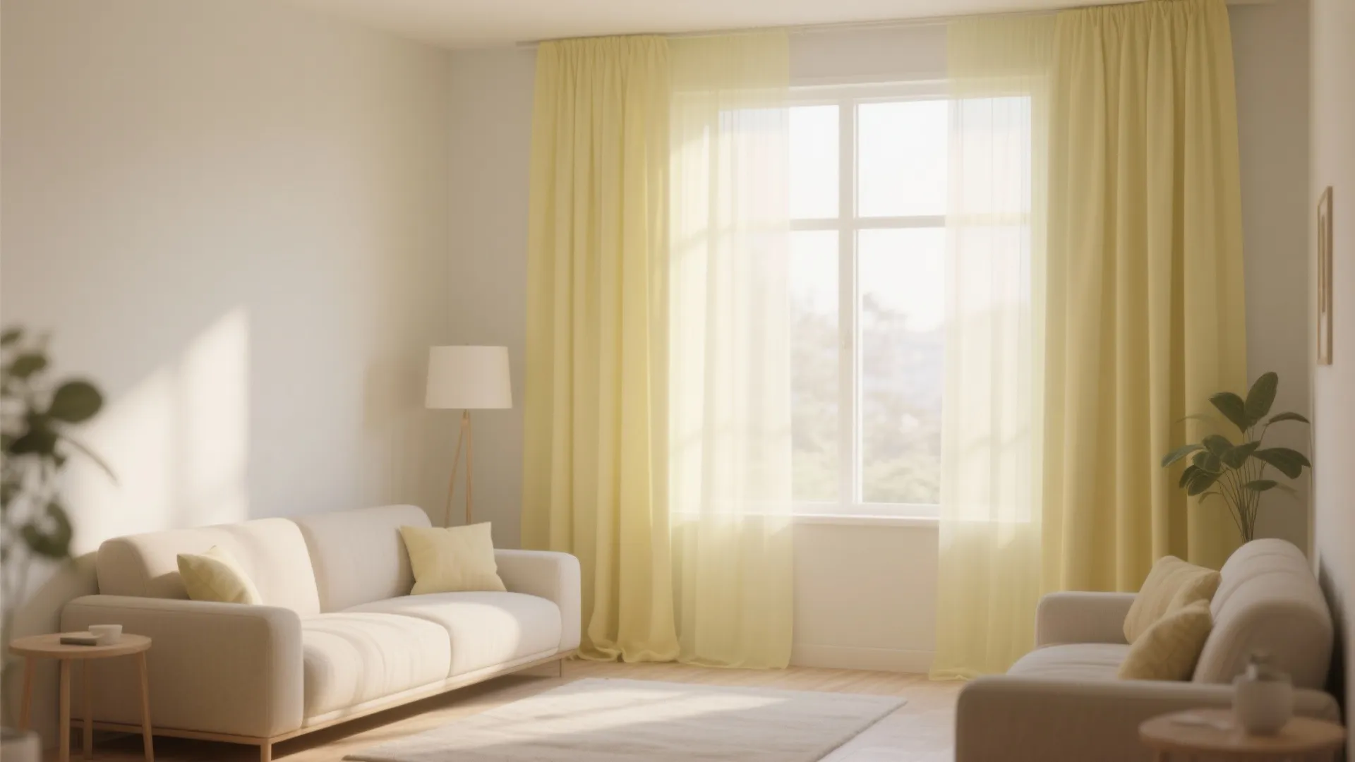 Bright minimalist living room with white sofa and light yellow curtains covering a large window
