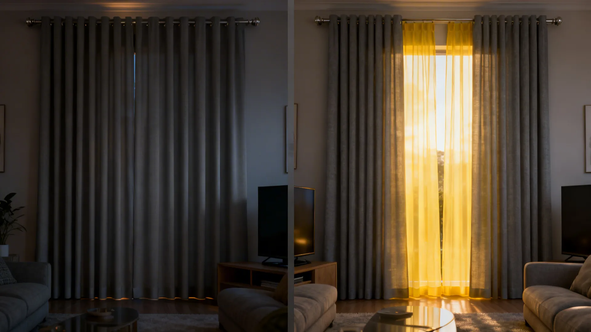 Split view of grey blackout drape closed and yellow sheer behind grey drape glowing in daylight.