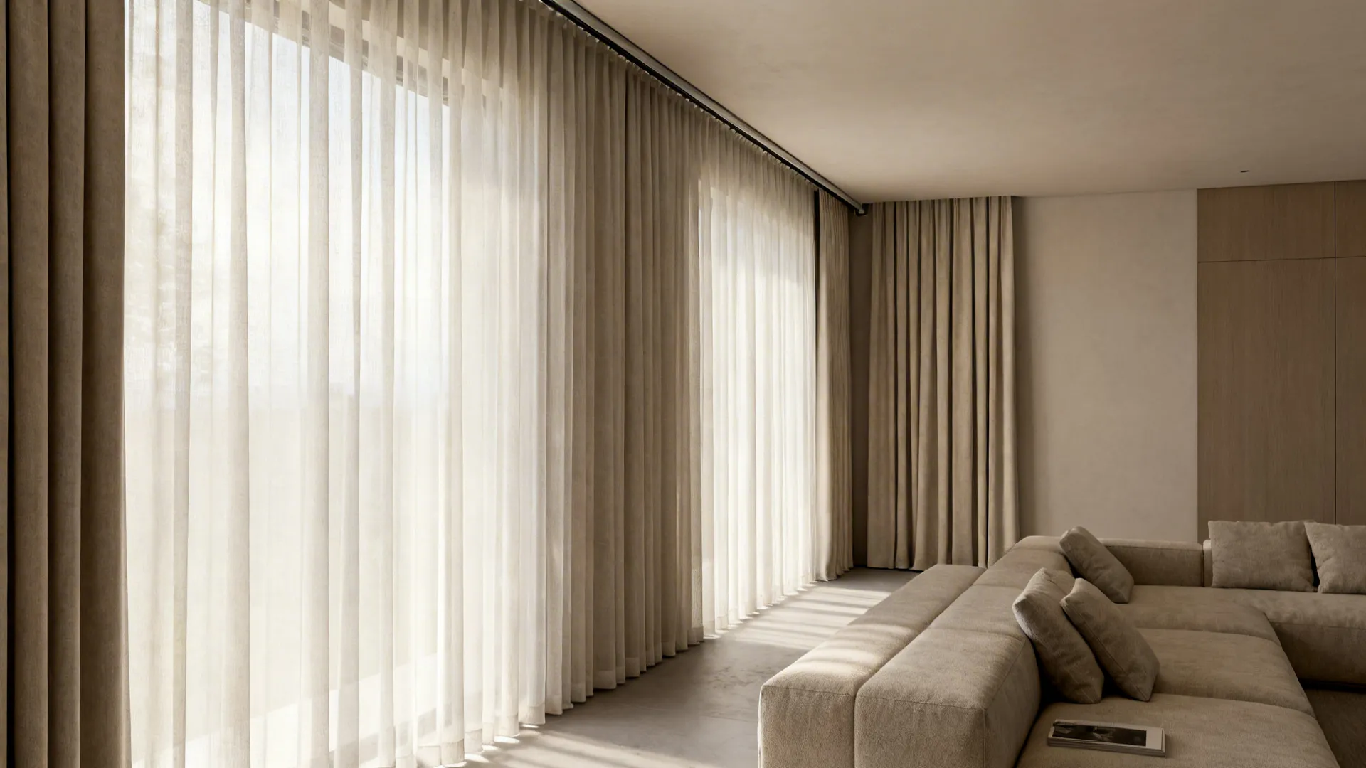 Ceiling-to-floor sheers with a discreet blackout track creating height and light control in a compact living room.