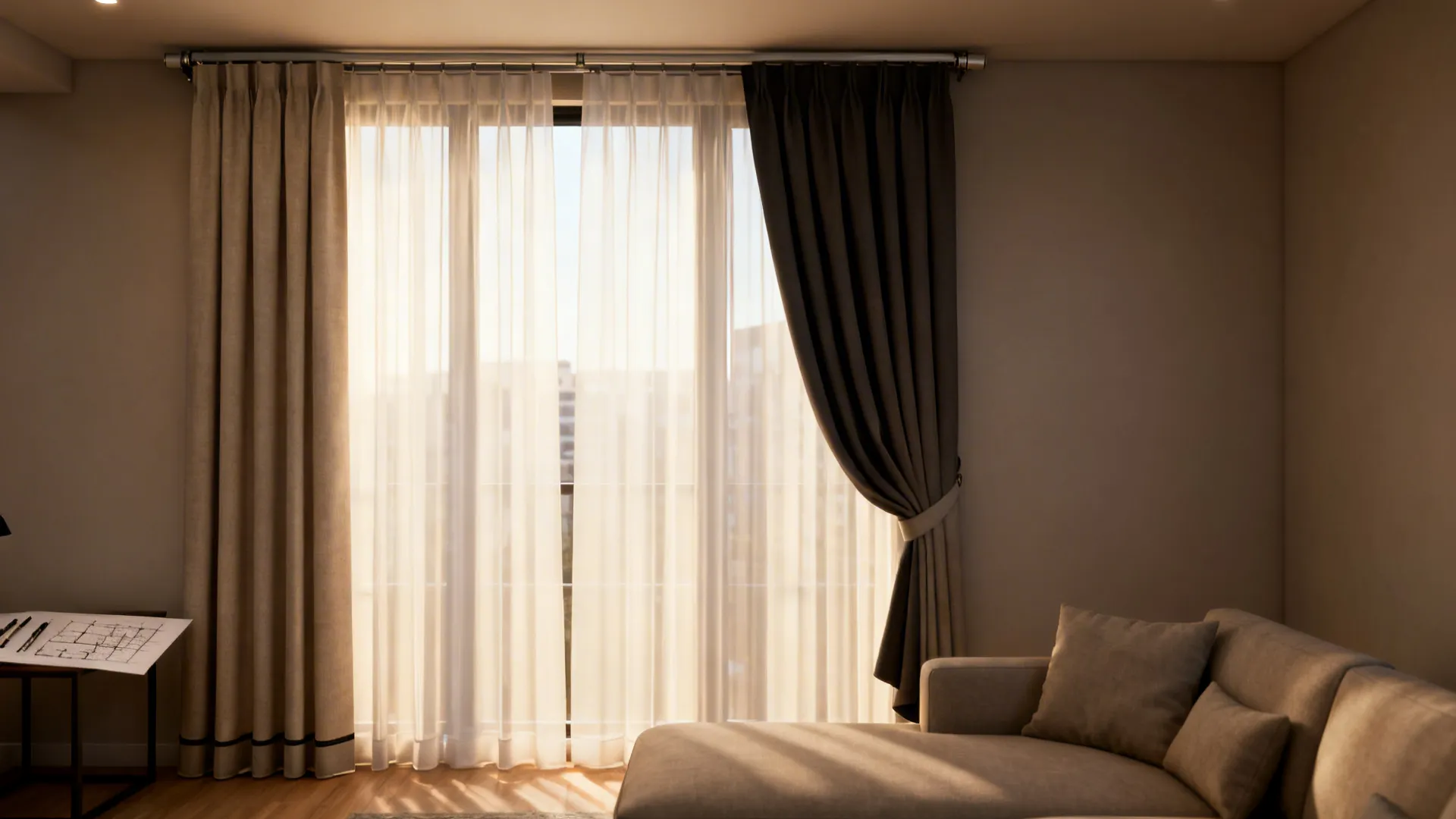 Neutral living room featuring double curtains with thin white fabric and thick brown fabric near sofa