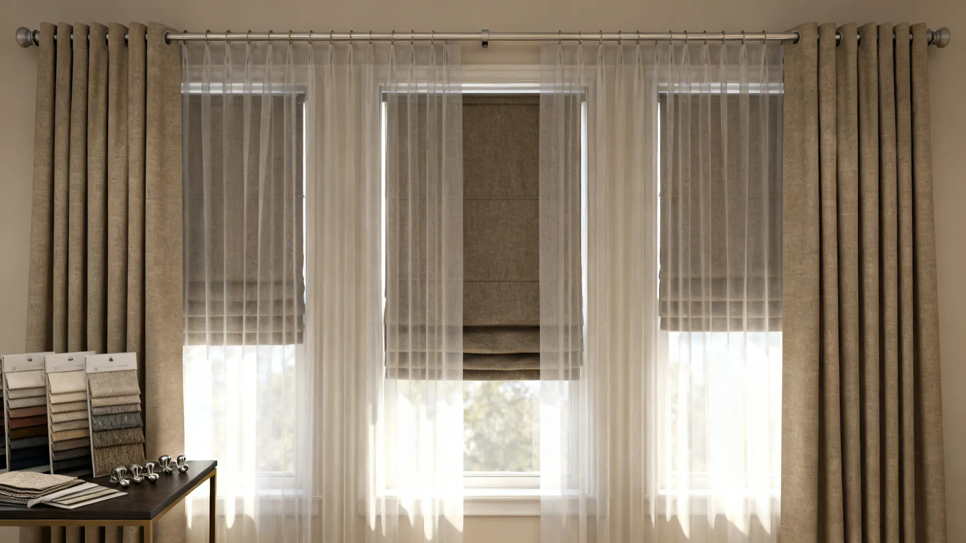 Layered sheers and blackout drapes across three windows with fabric swatches and hardware samples.