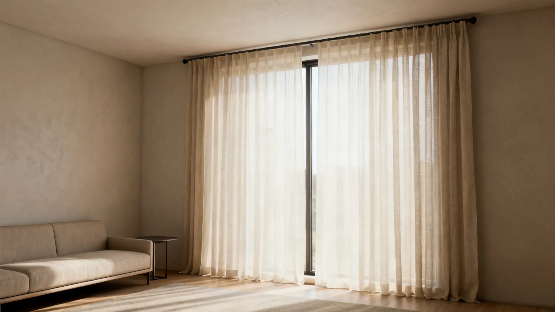 Living room with floor-to-ceiling sheers mounted slightly above the window to create height and soft light.