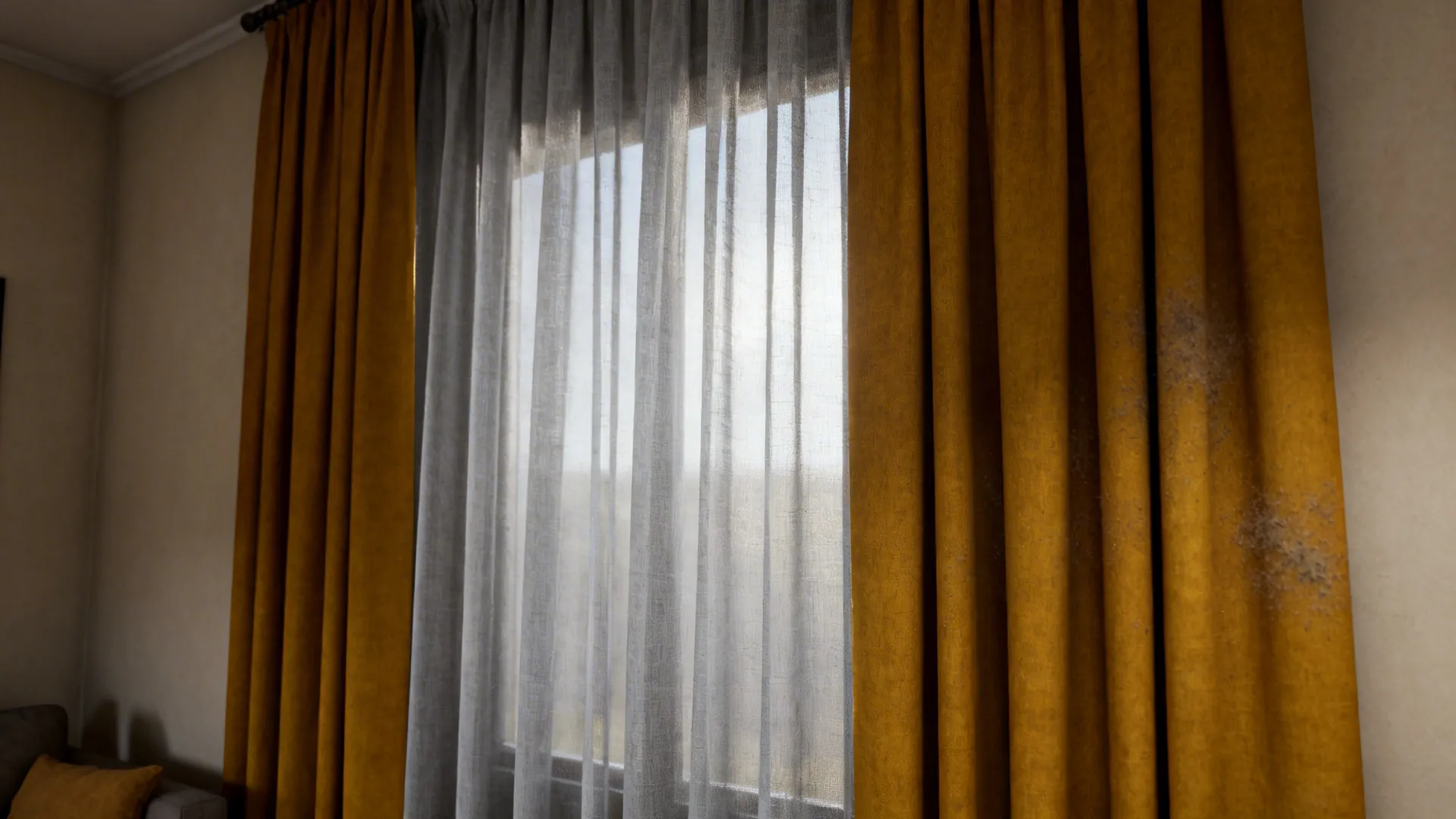 Close up of sheer white curtains and yellow curtains for a window with natural light