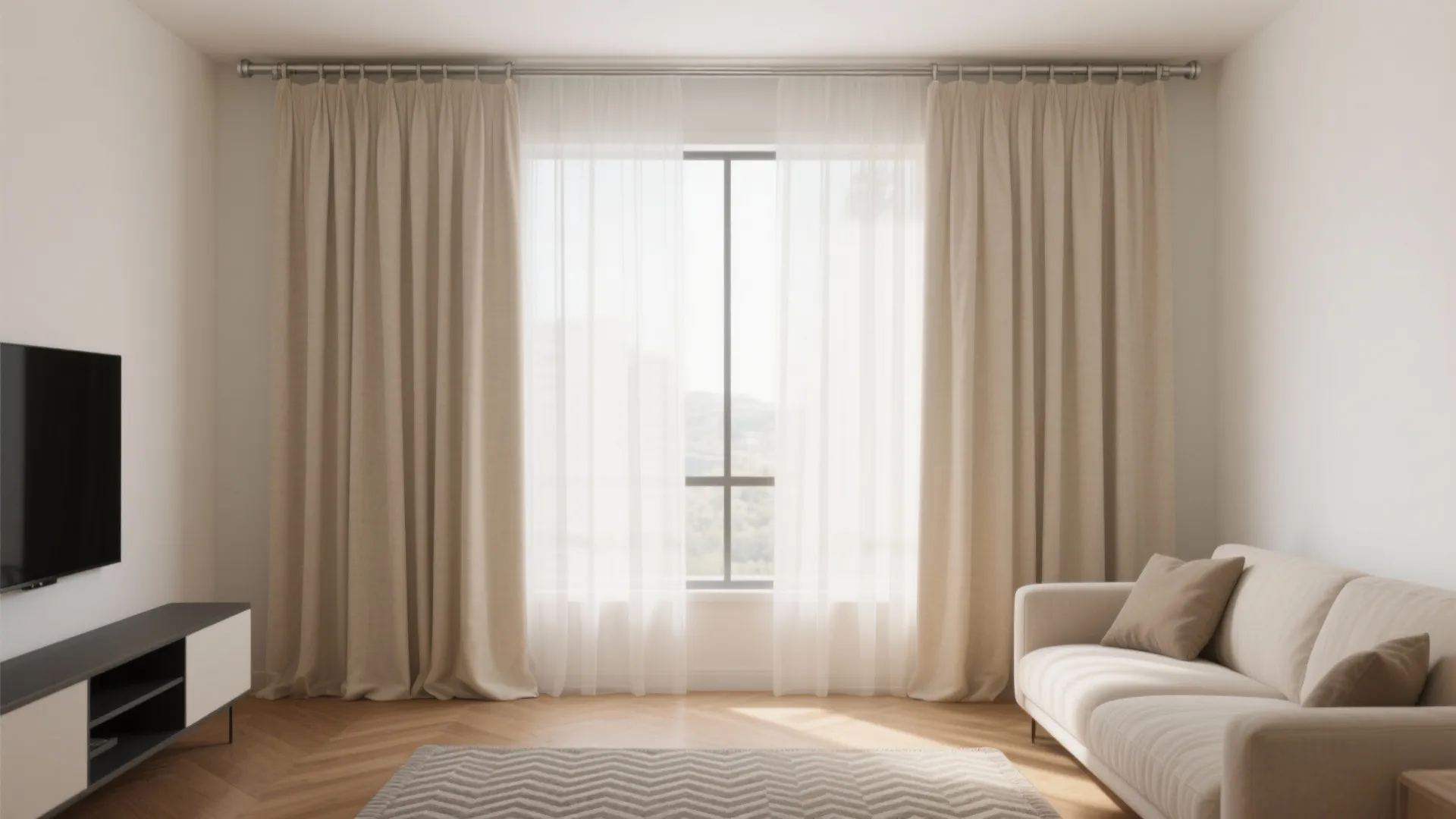 Beige curtains and white sheers on metal track in living room with sofa and rug