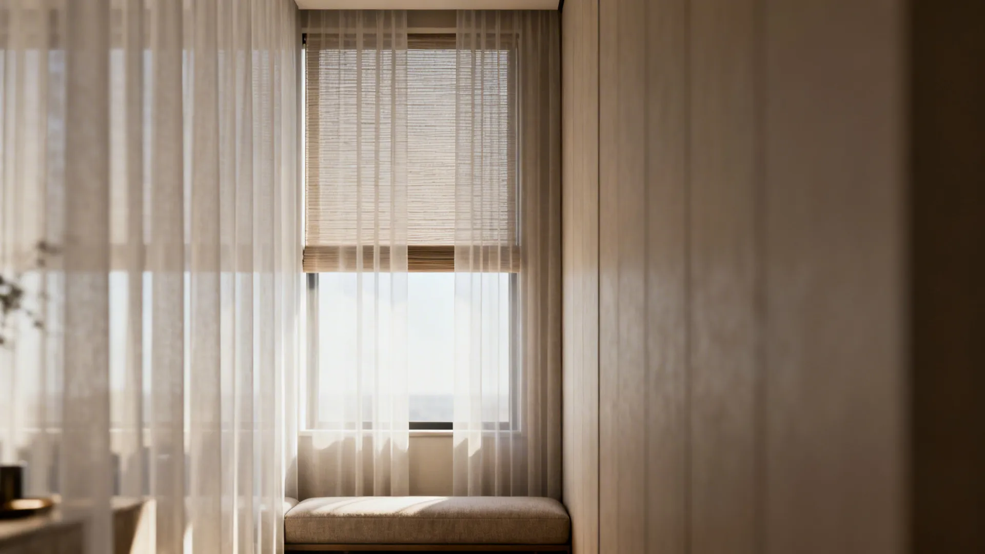 Narrow living room with floor-to-ceiling sheers and a thin roller behind for privacy