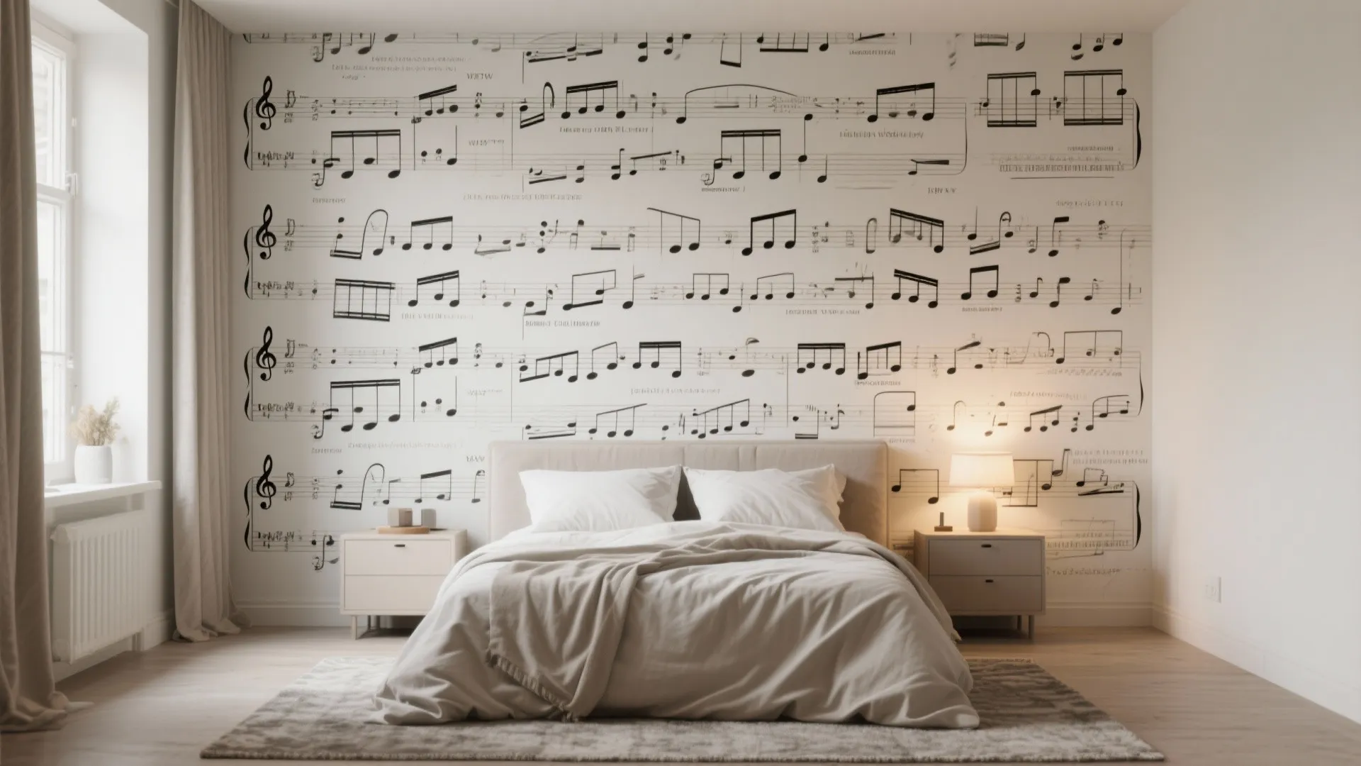 Modern bedroom with sheet music wall panel design white bedding bedside tables and warm lighting
