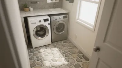 Compact Laundry Room with Stone Tile Flooring