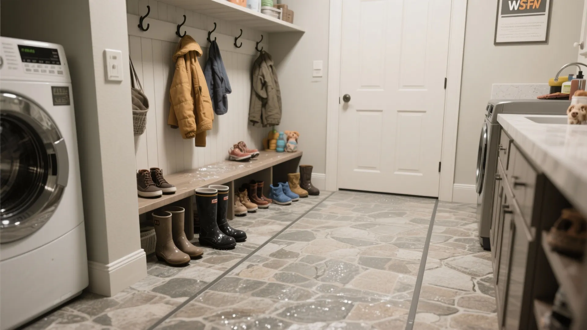 Entry room with stone pattern floor plus boots on a bench and white washing machine