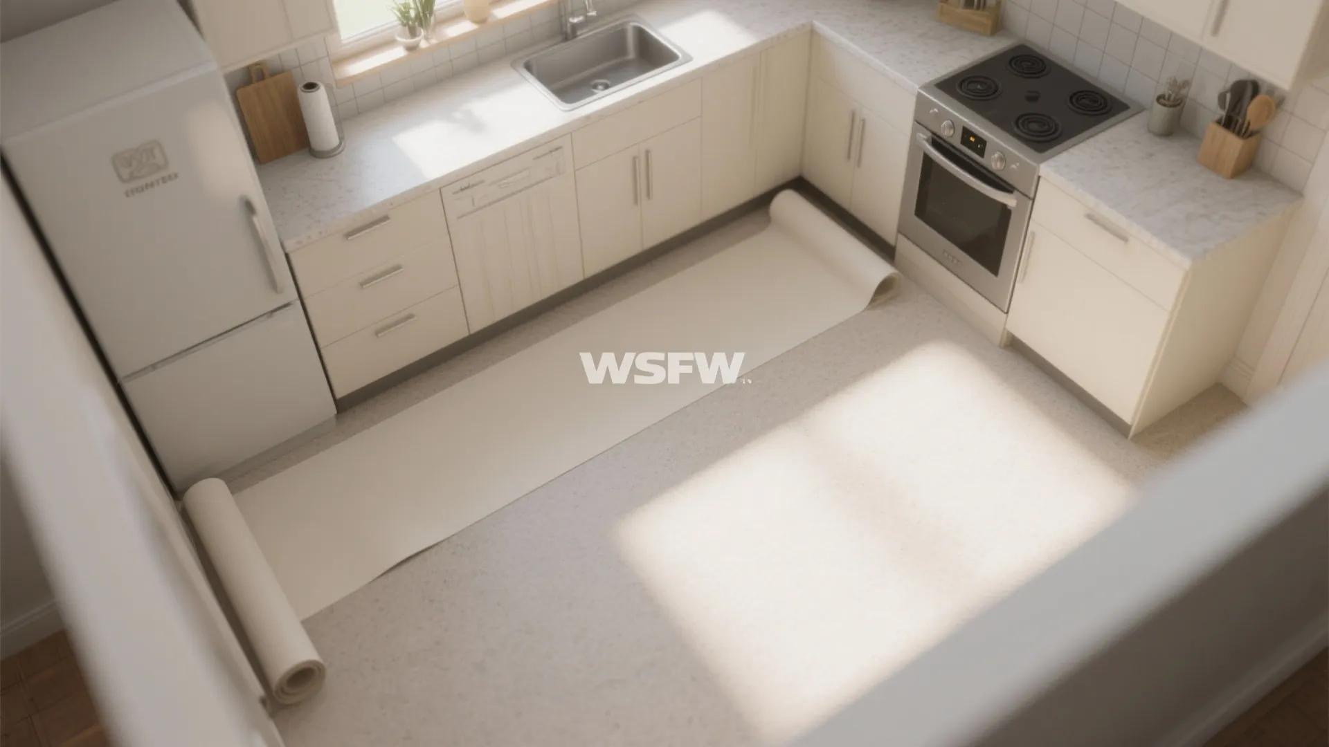 Top view of kitchen layout with white cabinets fridge oven and roll of white floor covering