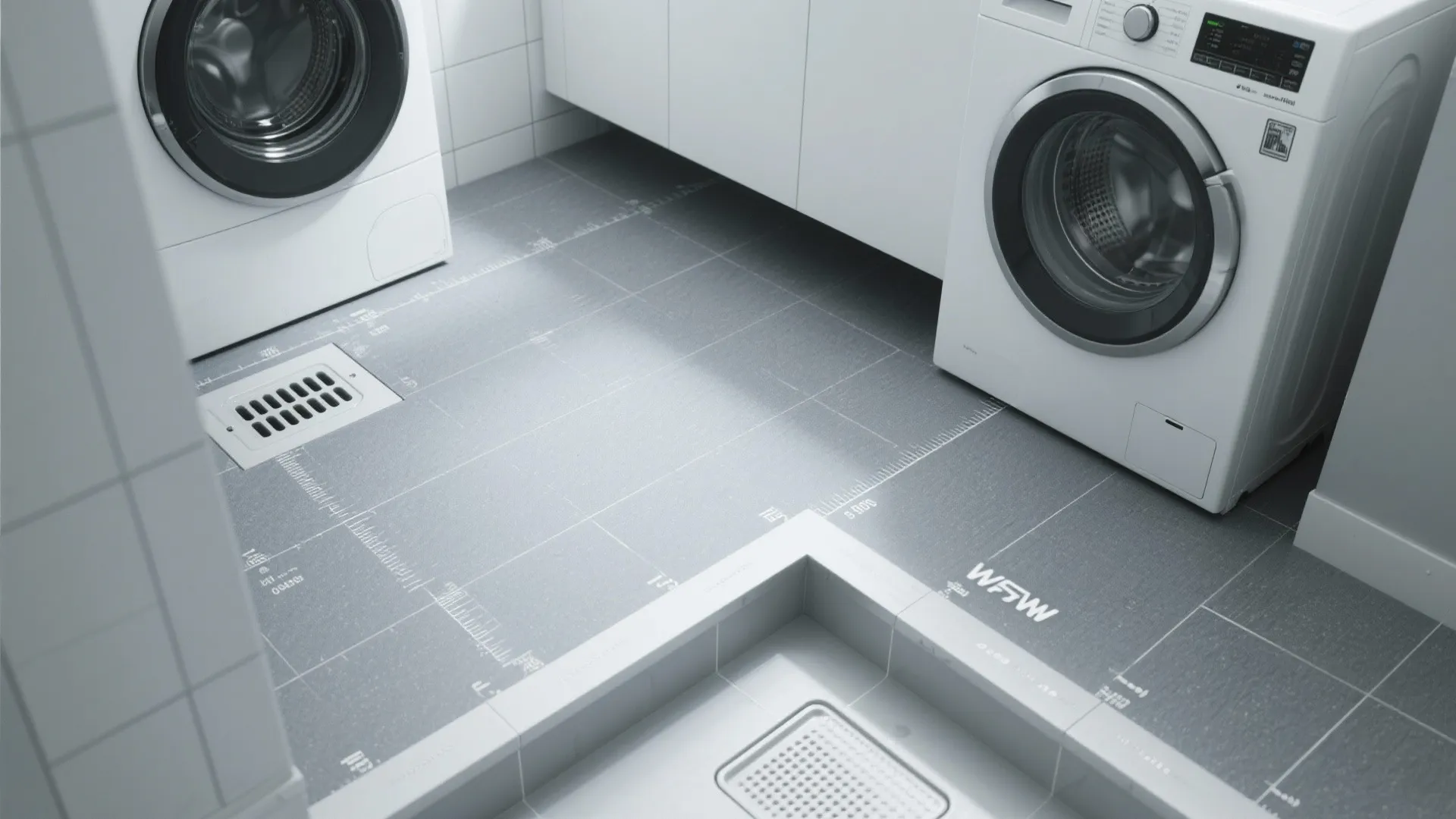 Modern laundry room layout showing grey floor tiles with washing machine and white storage cabinets
