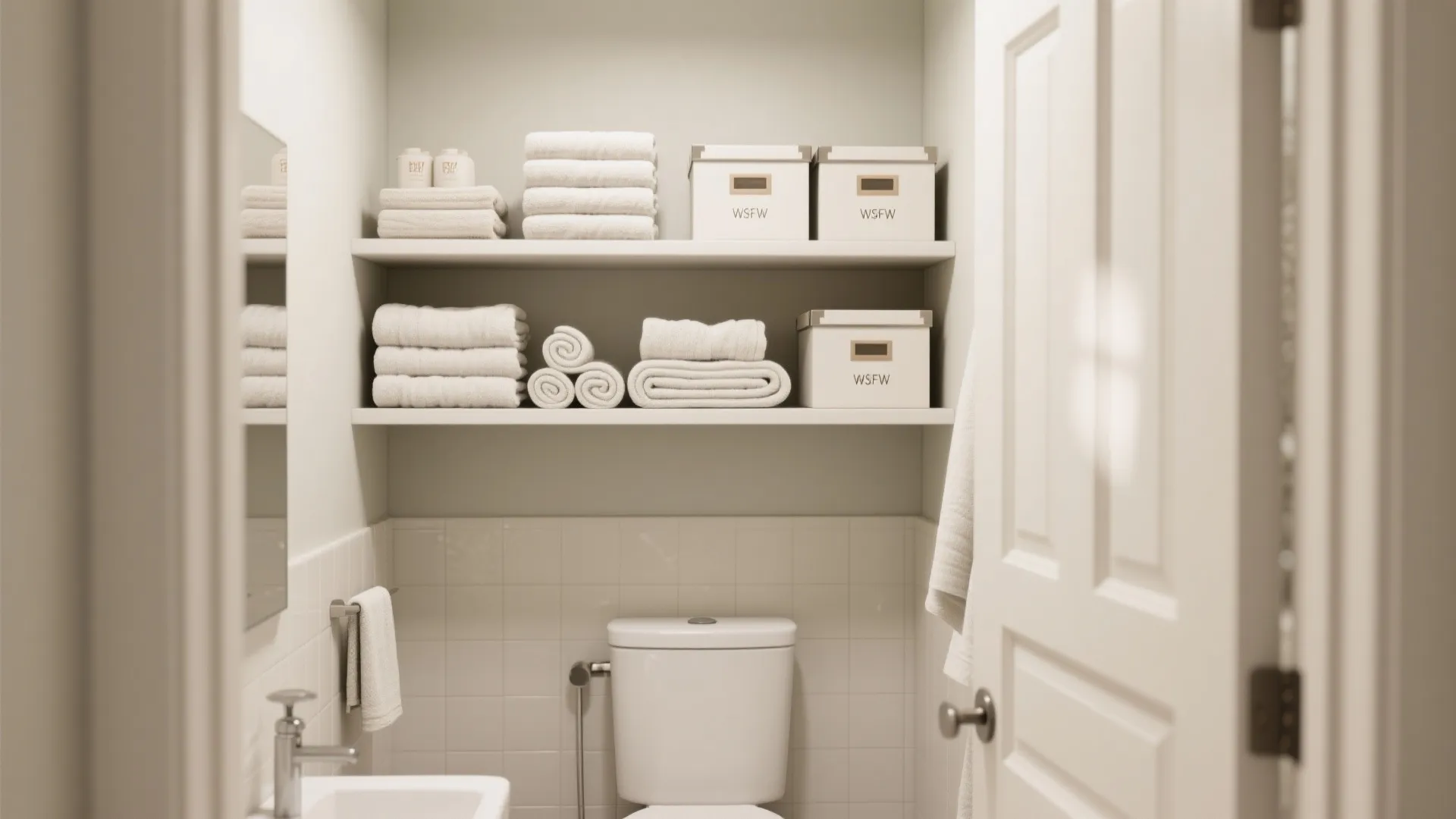 Built-in bathroom shelf above door with towels