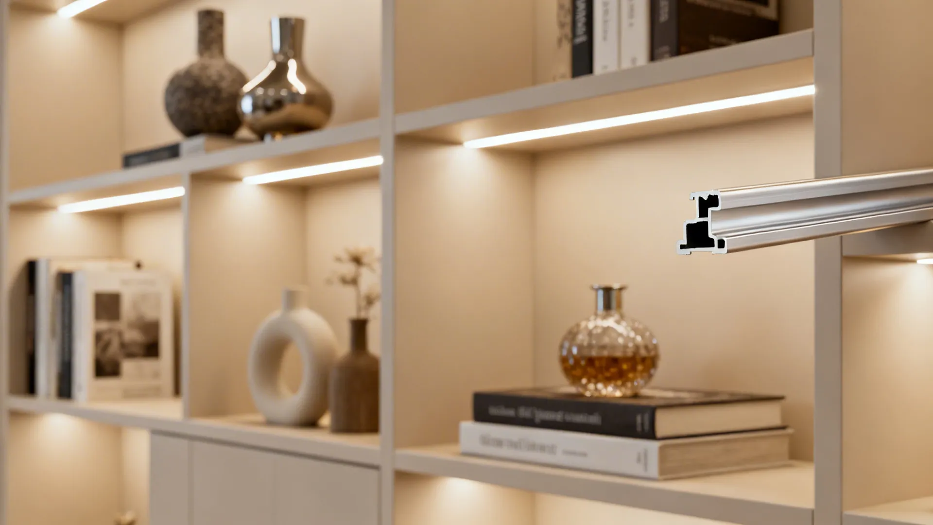 Built-in shelves with LED strips and diffusers creating even accent illumination for decor.