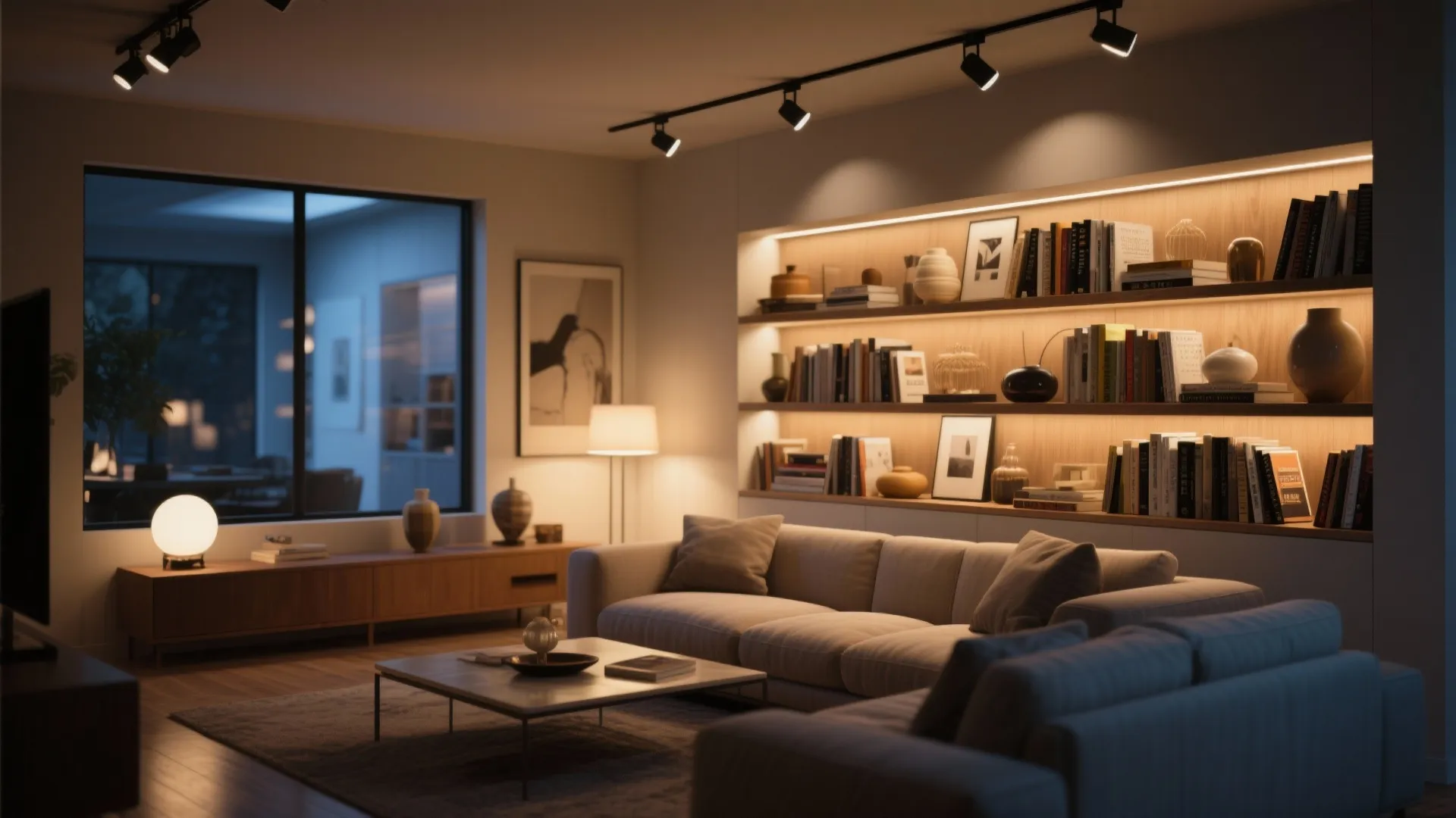 Track lighting focused on living room shelving with books and decorative pieces