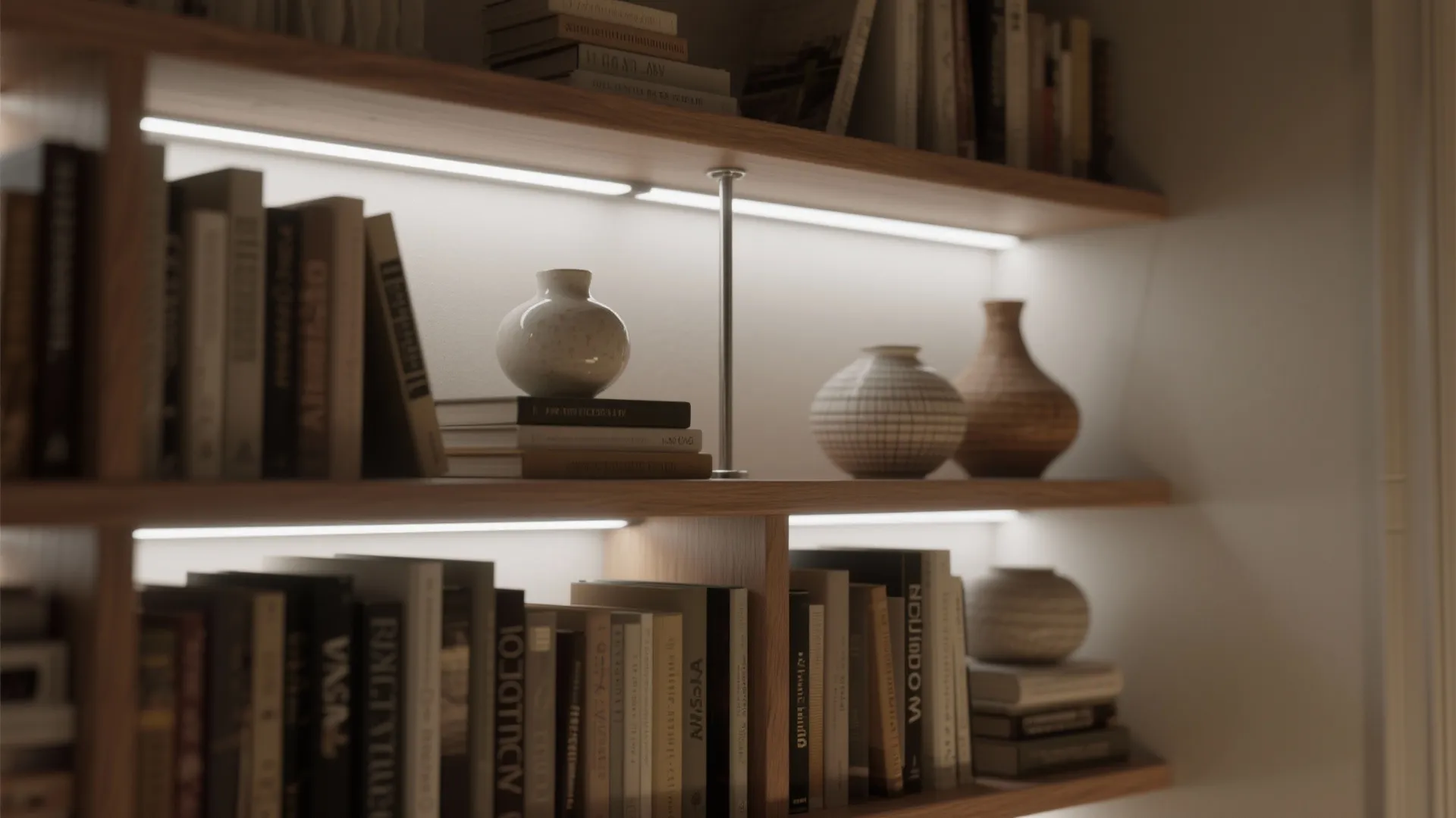 Bookshelf niche lit with narrow LED tape highlighting ceramics and clean cable routing.