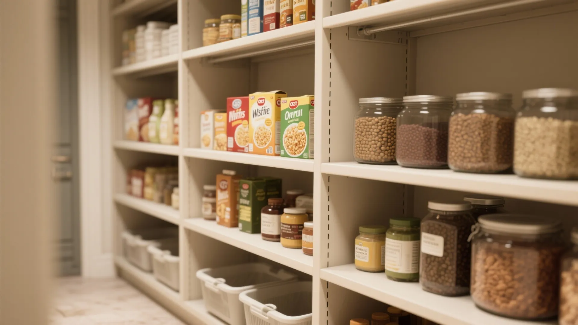 Organized white pantry shelves filled with cereal boxes glass jars of food and white baskets