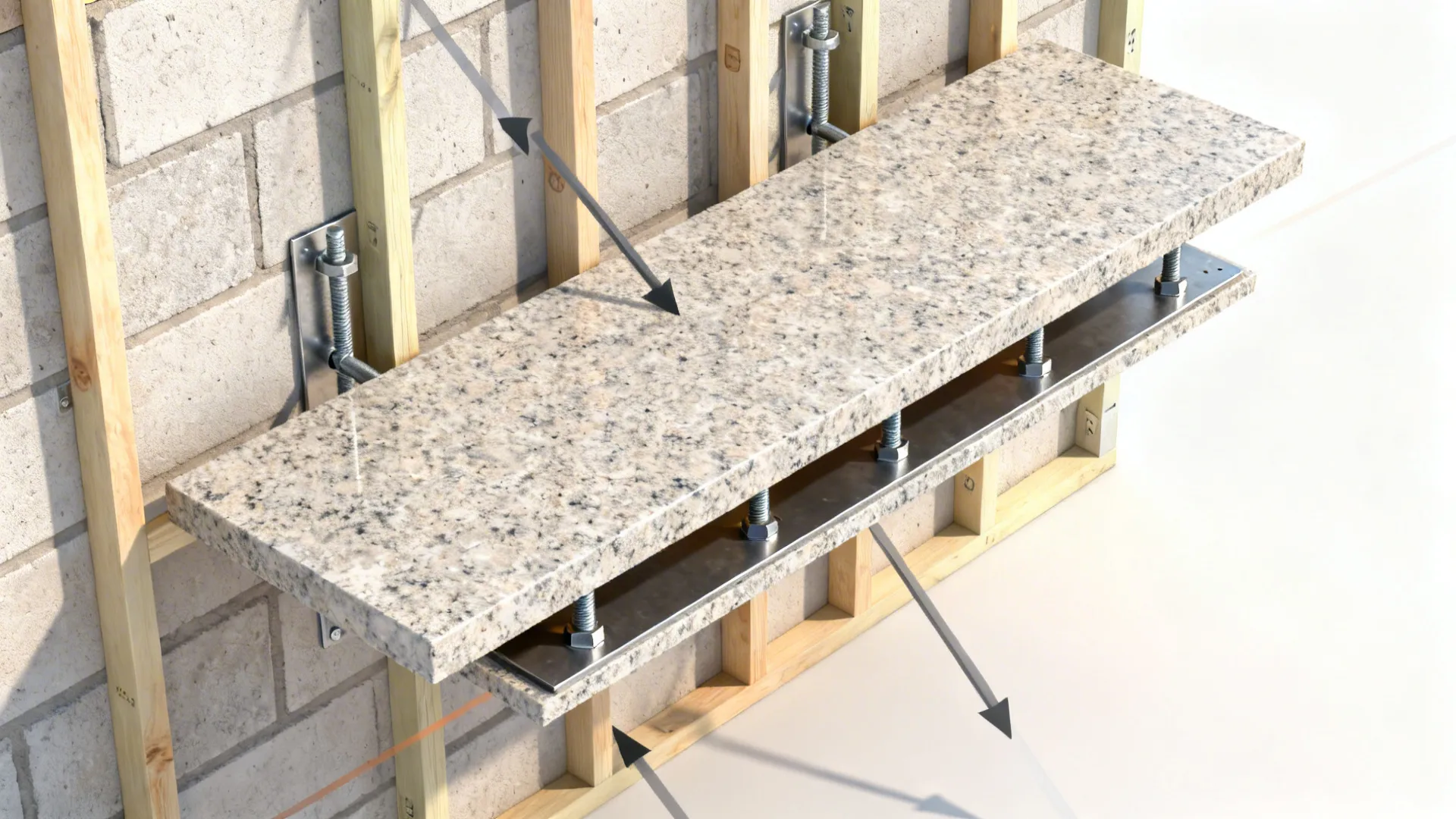 Top-down exploded view showing a granite shelf with concealed steel plates anchored into wall studs.