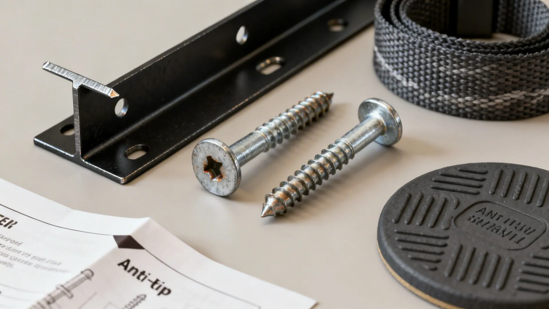 Anchoring hardware and anti-tip straps for securing tall bookshelves.