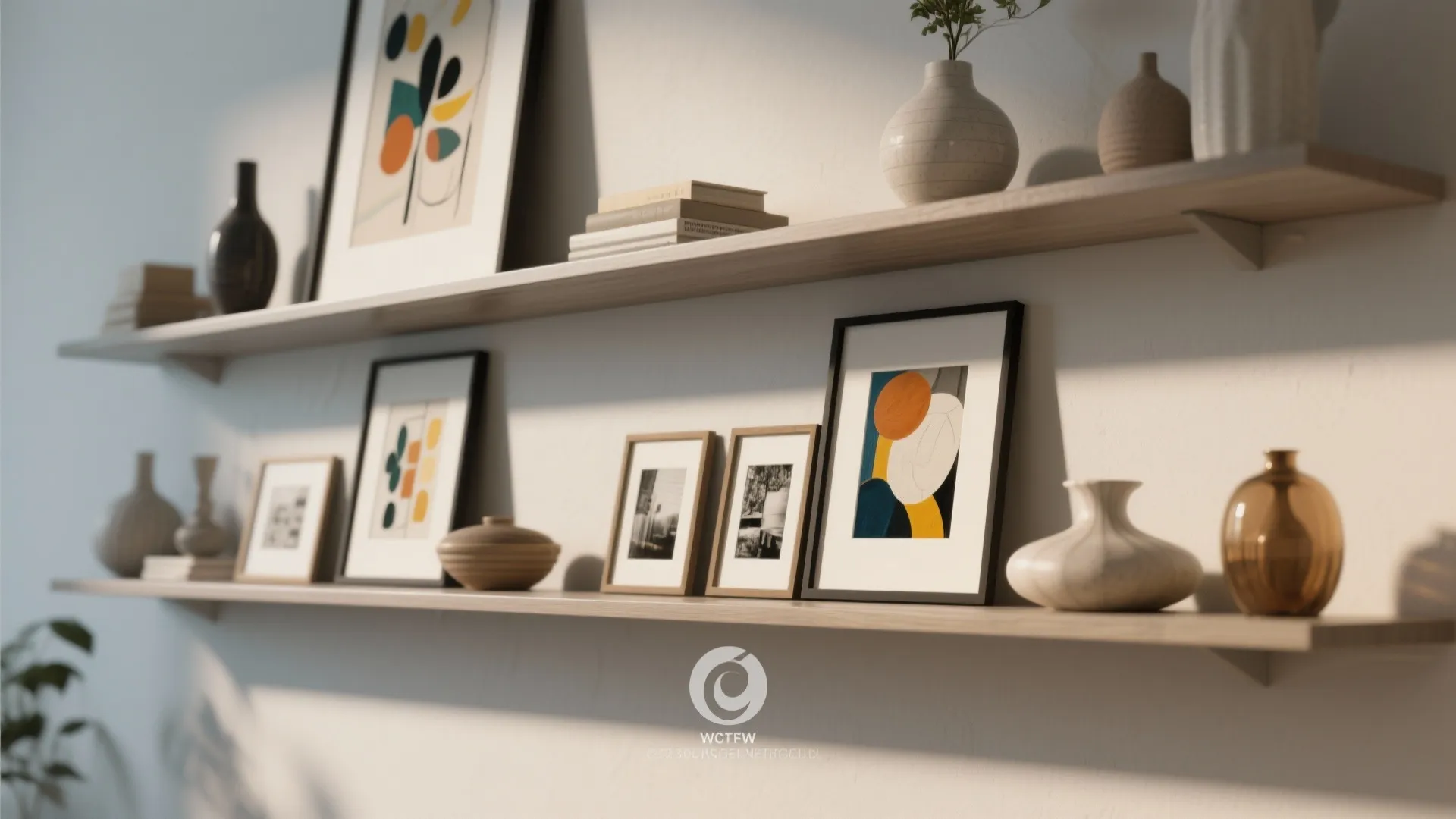 Two wooden shelves on a white wall holding various framed art prints and small vases