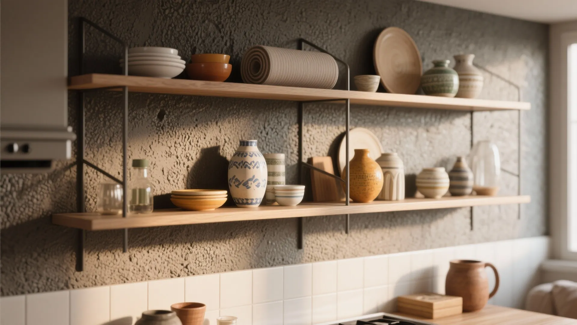 Modern kitchen wooden wall shelves holding ceramic bowls plates and vases against a dark textured wall