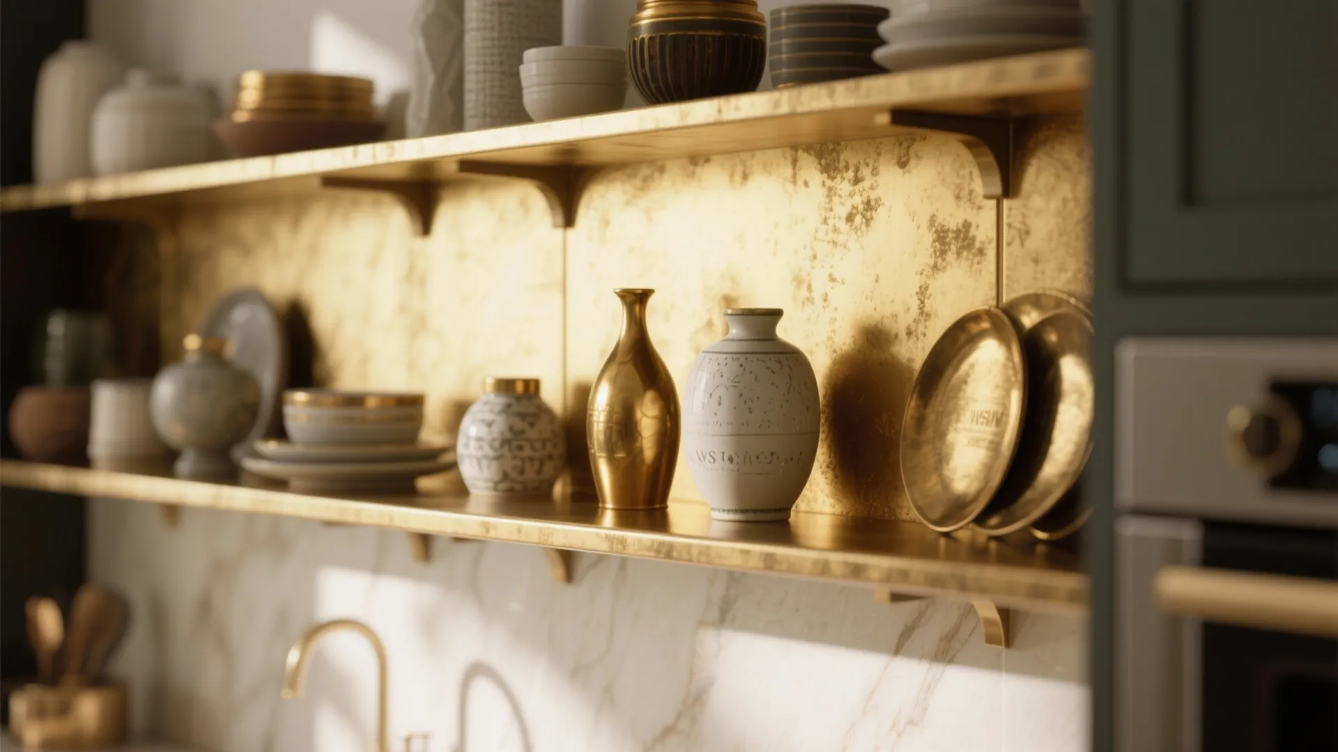 Open kitchen shelves with gold backing featuring various ceramic bowls vases and gold decorative plates on