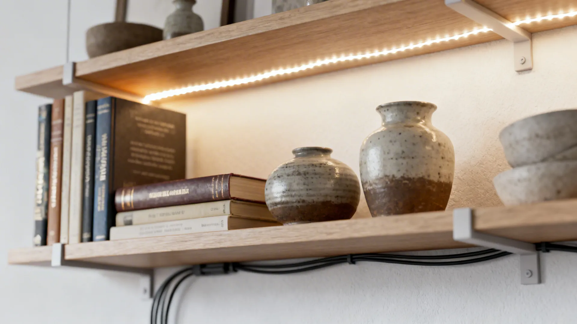 Floating shelves softly backlit by thin LED string lights highlighting books and ceramics