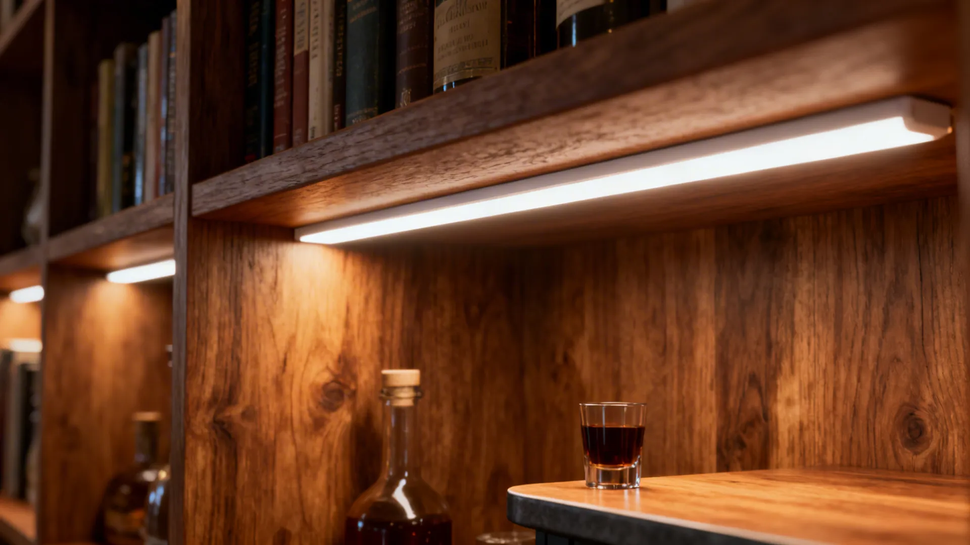 Under-shelf and bar edge LEDs slightly recessed to enhance wood texture and avoid visible dots