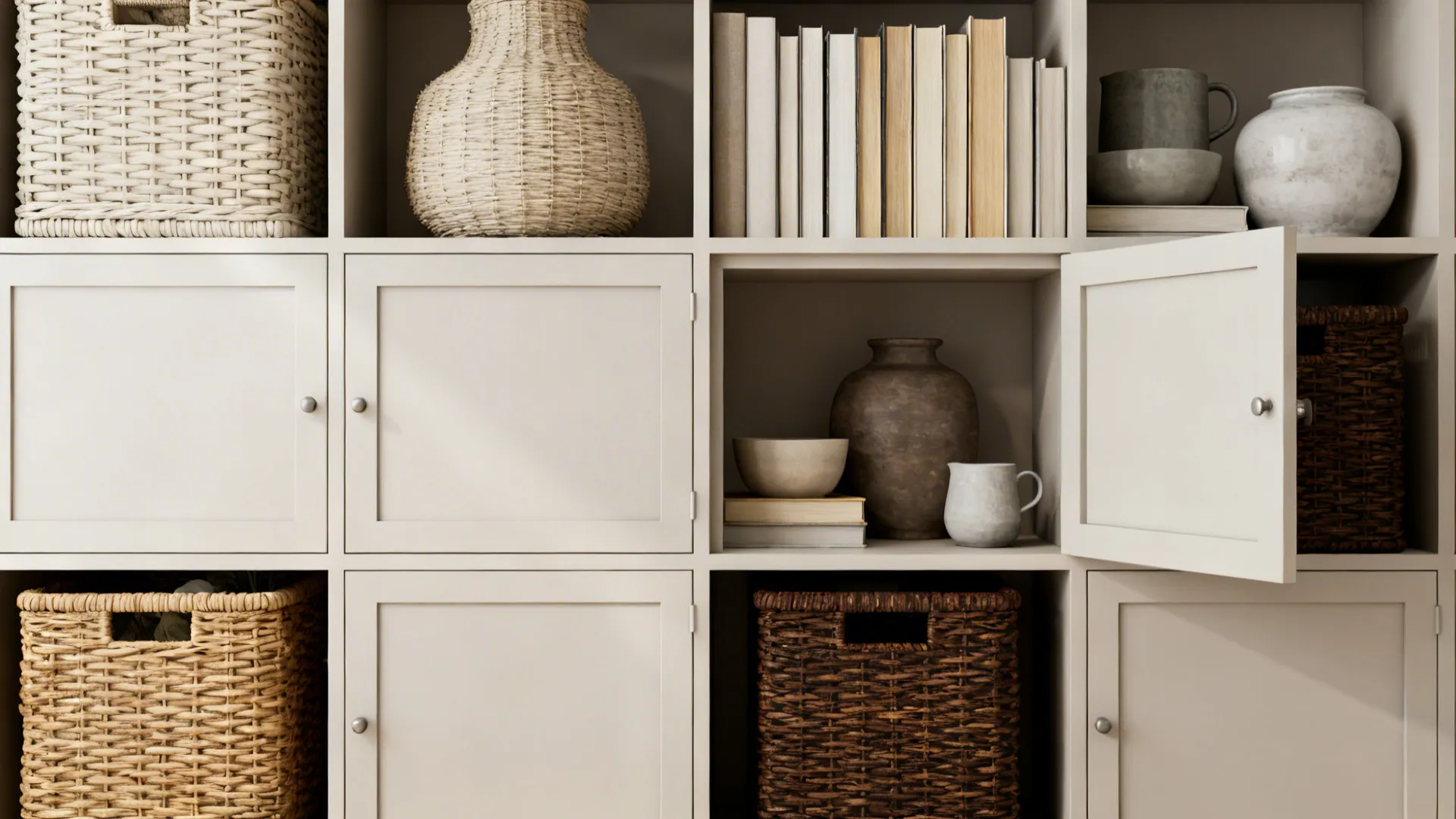 Open shelving styled with a mix of woven baskets, books and ceramics for layered texture.