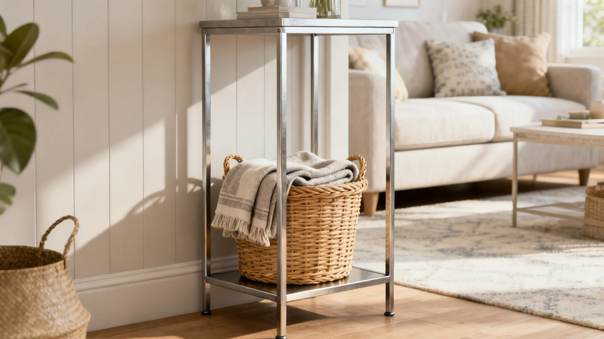 Narrow metal-frame side table with a woven rattan basket on the lower shelf holding a folded throw.