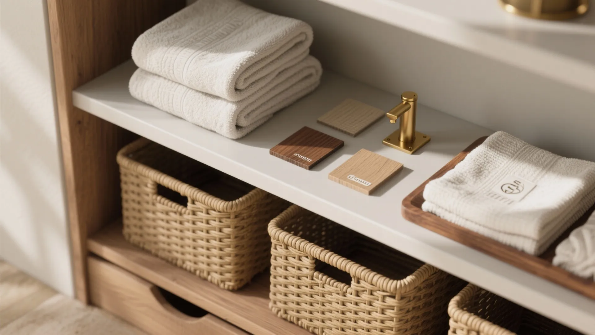 5. Combine shelf + basket + showcased towels for layered storage
