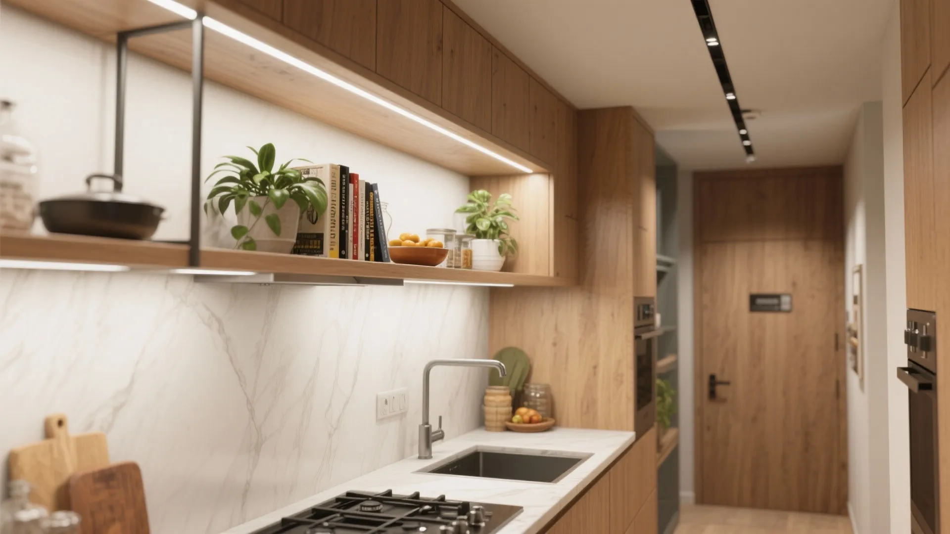 Modern kitchen with wood cabinets marble backsplash integrated light fixture and small potted green plants