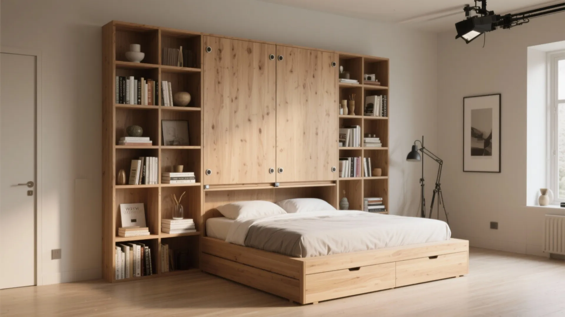 Wooden wall bed unit with integrated bookshelves and bottom storage drawers in a bright room