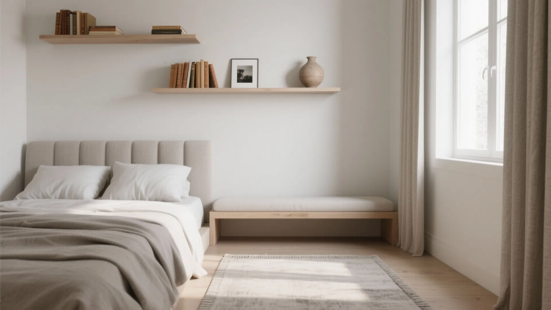 1) Minimalist shelving and multi-functional pieces