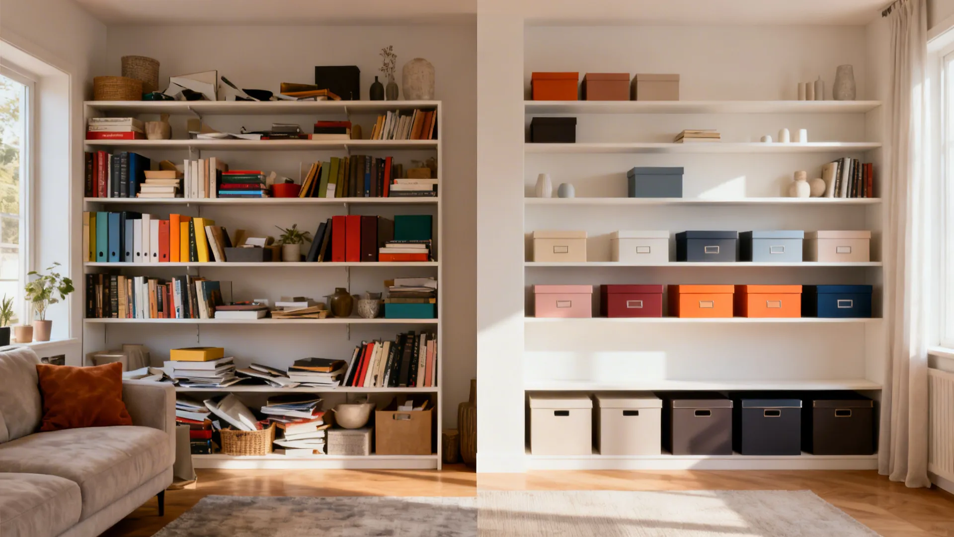 Before cluttered shelves versus after curated shelves with neutral palette and spacing.
