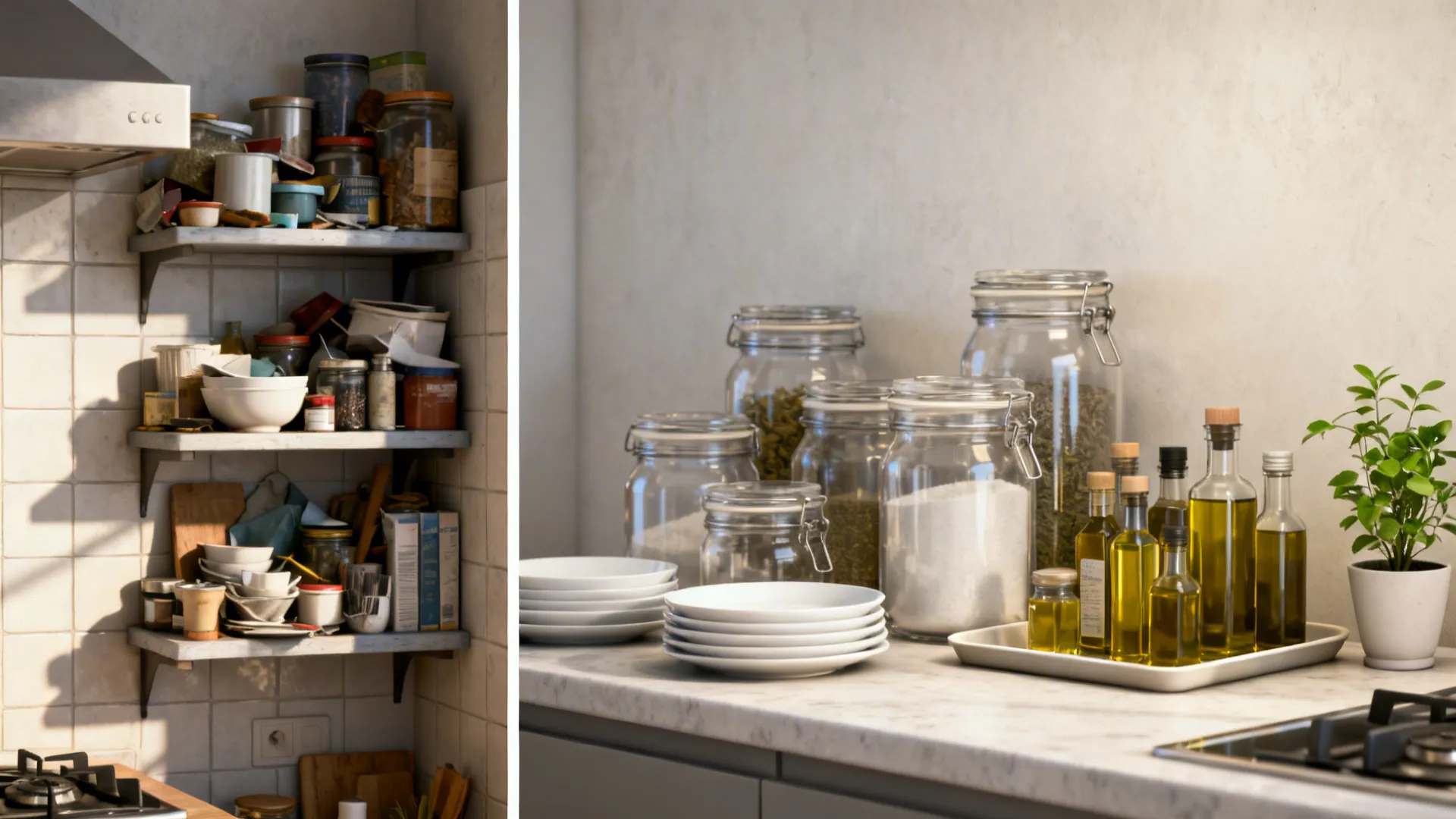Split view comparing cluttered open shelves before and a curated 70/30 arrangement after.
