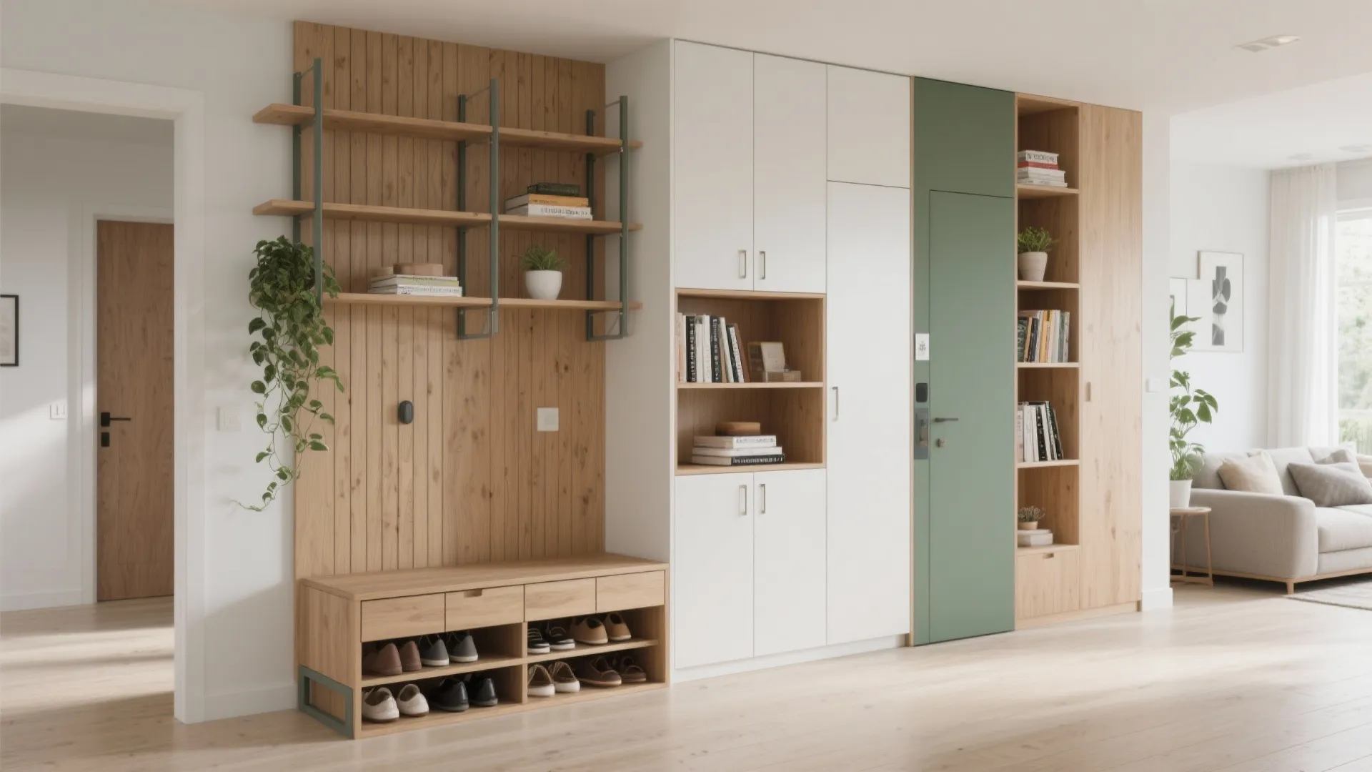 Entryway storage area with wooden shelves, white cabinets, shoe bench, and a green accent door